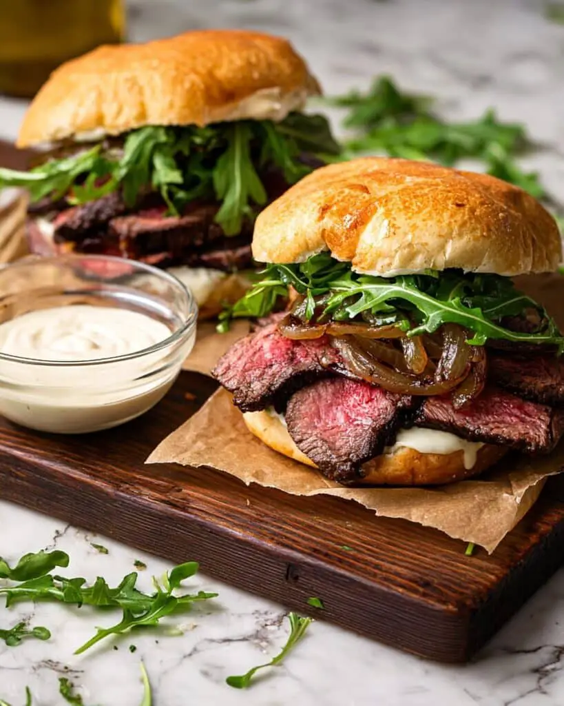 Grilled Steak Sandwiches with Caramelized Onions and Garlic Aioli Recipe