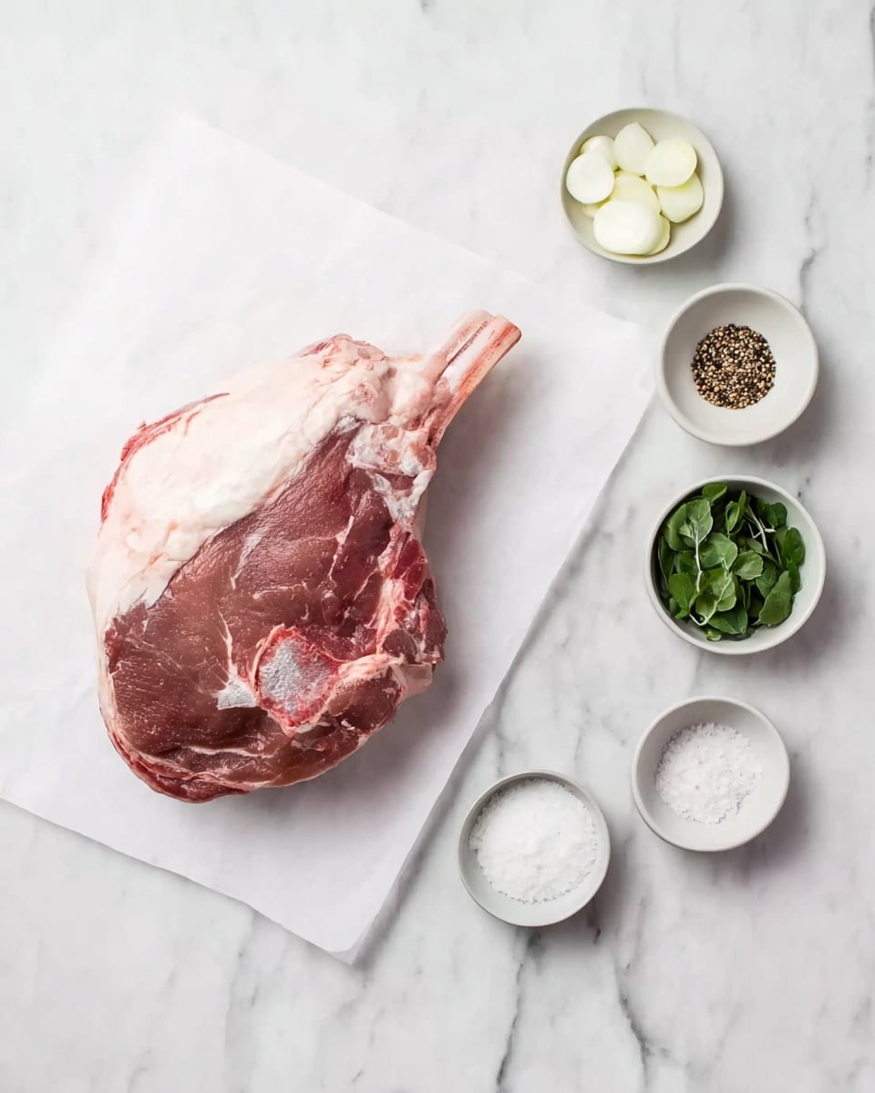 A large raw meat cut with a bone attached is placed on a white paper sheet over a white marbled surface. To the right of the meat, there are four small bowls arranged in a square shape: the top-left bowl contains thinly sliced white garlic, the top-right bowl holds small green herb leaves, the bottom-left bowl is filled with coarse black pepper, and the bottom-right bowl has coarse white salt. The whole scene is clean and bright with a minimal look. photo taken with an iphone --ar 4:5 --v 7