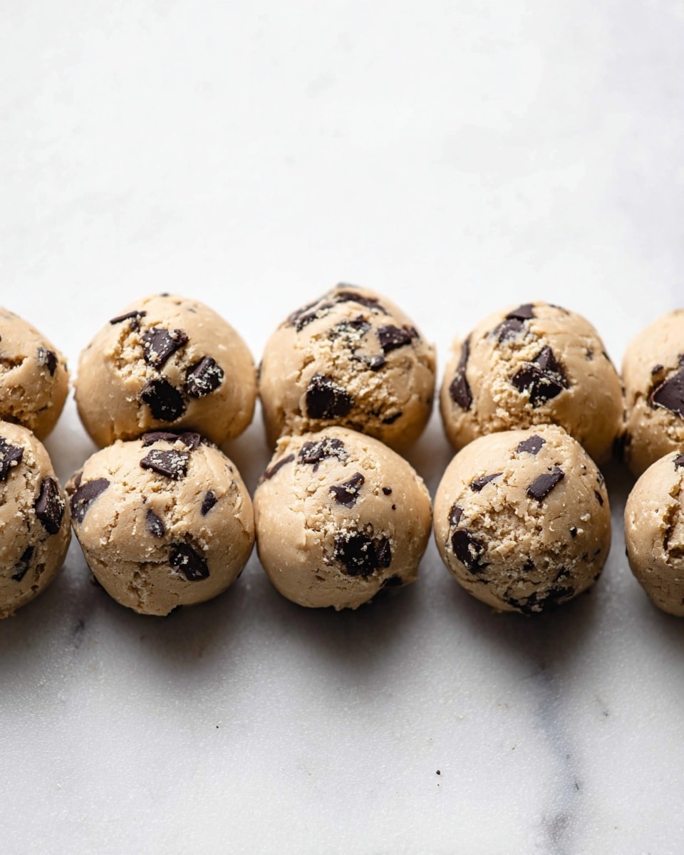 The image shows six dough balls arranged in two rows on a white marbled surface, each ball light tan in color with large dark chocolate chunks scattered throughout. The dough looks soft and slightly crumbly with small cracks and some granules on top. The balls are close together and evenly sized, filling the lower part of the image with a clean, bright, and simple background. Photo taken with an iphone --ar 4:5 --v 7