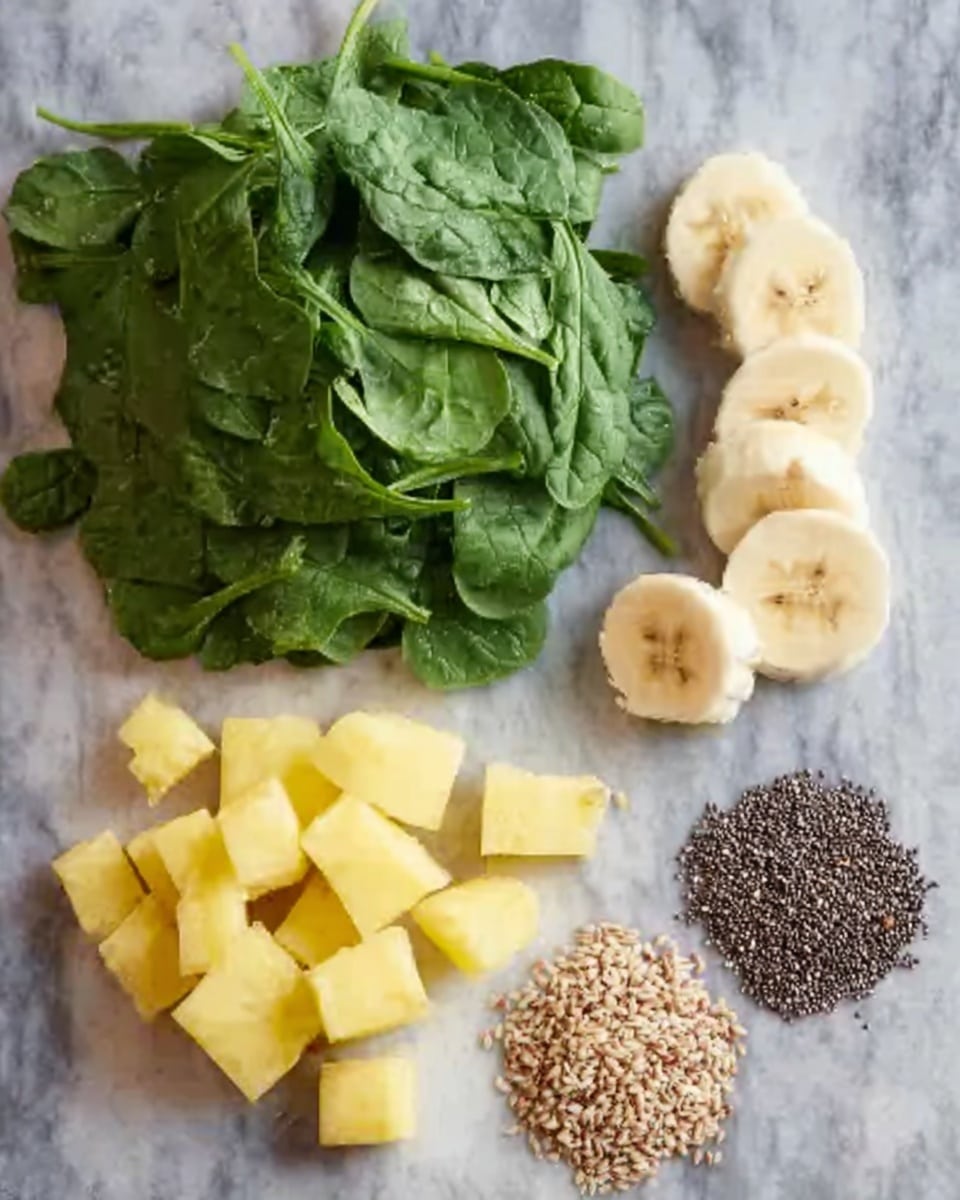 The image shows a white marbled surface with five groups of ingredients arranged neatly. At the top, there is a large pile of fresh green spinach leaves, rich in color and texture. Below the spinach, there are small yellow cubes of pineapple, uniformly cut and bright. To the right of the pineapple, there are round banana slices stacked slightly overlapping, showing soft cream color inside. Below the bananas, to the right side, are chia seeds, tiny and black with a slightly shiny texture. Next to the chia seeds, on the left, are small beige flax seeds, smooth and oval-shaped. photo taken with an iphone --ar 4:5 --v 7