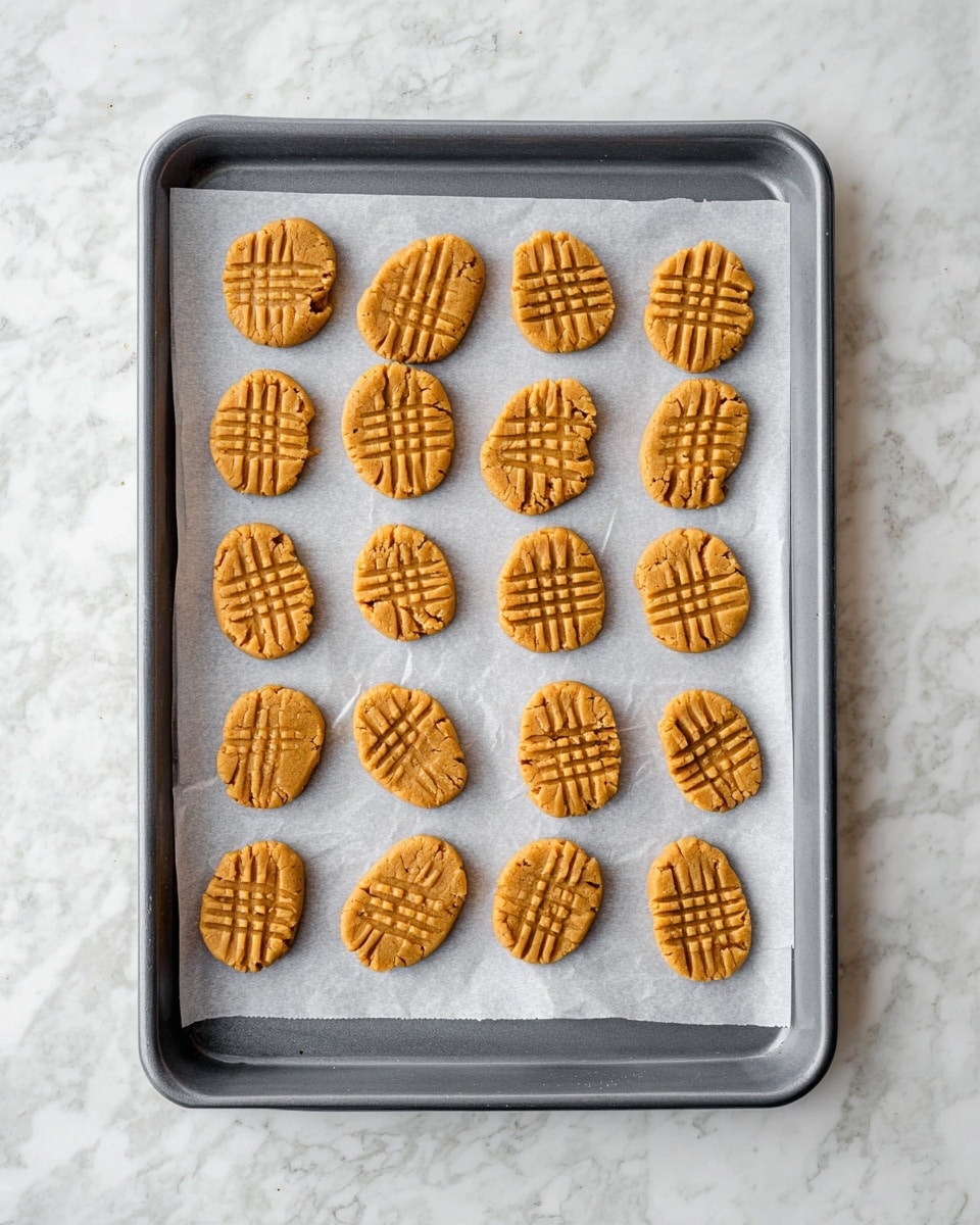 A stack of peanut butter cookie sandwiches sits on a white square plate, each sandwich made of two golden-brown cookies with a rough crumbly texture and a crosshatch fork pattern on top, dusted lightly with sugar crystals. The middle layer is a creamy light tan peanut butter filling that is thick and slightly uneven, visible between the two cookie layers. The plate is placed on a surface with a white marbled texture, and there are some loose peanut butter chips scattered around, with a blue and white checkered cloth blurred in the background. Photo taken with an iphone --ar 4:5 --v 7