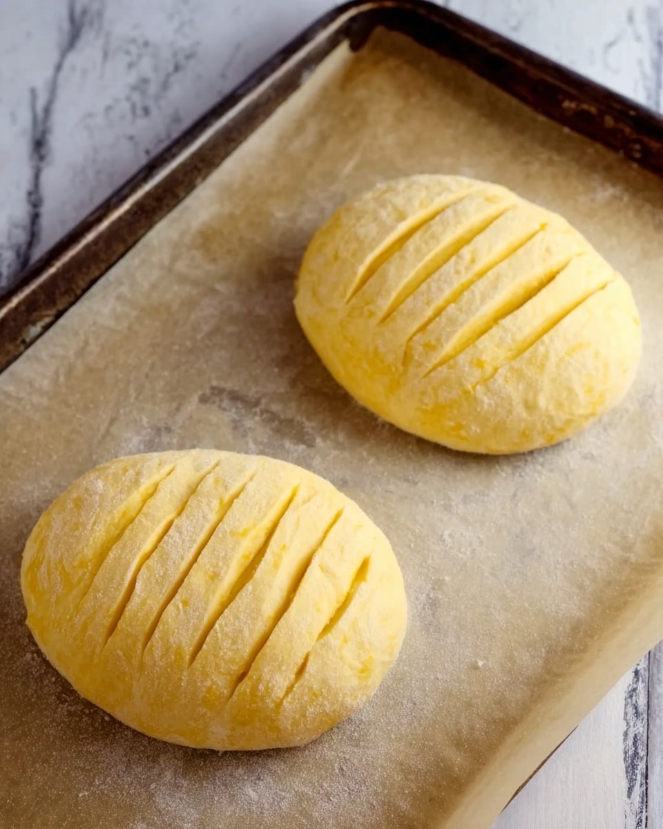 Two round, uncooked dough pieces are placed on a parchment-lined baking tray. Each dough piece is pale yellow with a smooth but slightly textured surface, and they have four parallel slashes cut into their tops. The tray itself is a dark metal and rests on a white marbled surface. The image is bright and clear, showing the raw bread dough ready for baking. Photo taken with an iphone --ar 4:5 --v 7