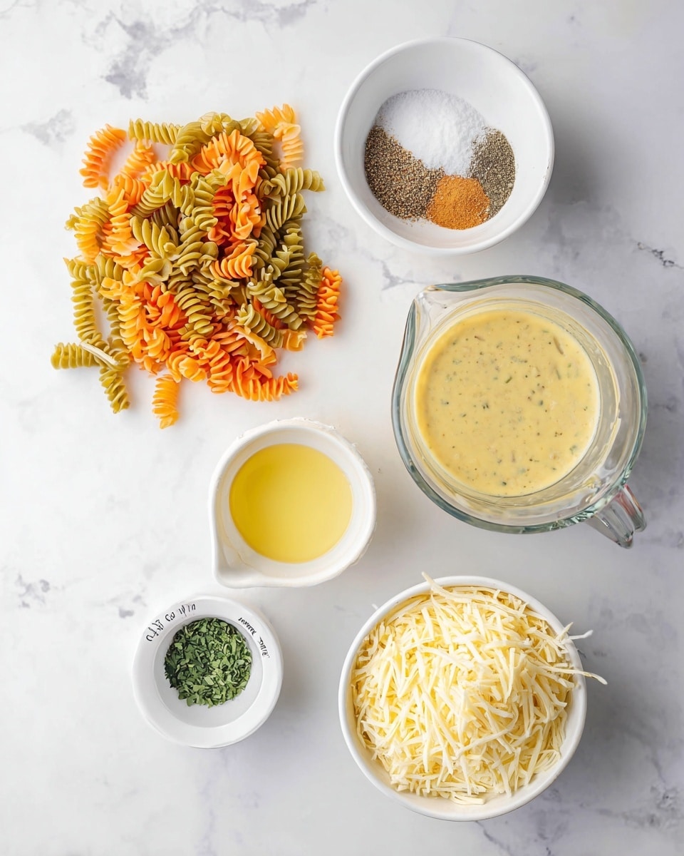 A top-down view of six white bowls and a glass measuring cup arranged on a white marbled surface. On the left, a bowl spills colorful tri-color rotini pasta in orange, yellow, and green shades. Above it, a white bowl is divided into four sections of dry ingredients: white salt, black pepper, light brown garlic powder, and medium brown onion powder. To the right, a glass measuring cup holds a creamy yellow sauce with small herbs visible inside. Below the cup is a white bowl with melted butter in a yellowish shade. At the bottom left, a small white measuring cup labeled