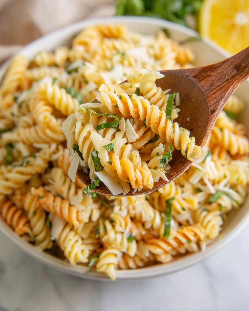 A wooden spoon lifts a mix of orange, pale yellow, and off-white rotini pasta swirled with small green basil leaves and sprinkled with thin white Parmesan shreds. The pasta fills a white bowl underneath, resting on a white marbled surface. Part of a lemon wedge is visible on the side, adding a pop of bright yellow. Photo taken with an iphone --ar 4:5 --v 7