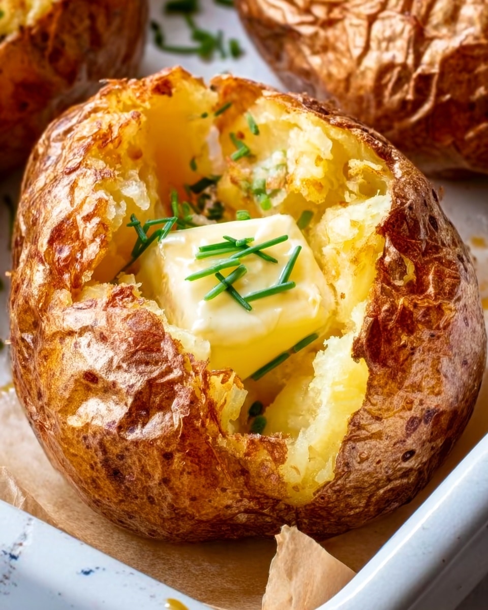 The image shows a baked potato with a golden-brown crispy skin, split open on top to reveal soft, fluffy yellow inside. A thick pat of pale yellow butter sits melting in the center, surrounded by small green chive pieces sprinkled over the potato and butter. The potato rests in a white baking dish with a white marbled surface underneath. The focus is on the warm, textured potato skin and creamy interior, highlighted by the melting butter and fresh green garnish. photo taken with an iphone --ar 4:5 --v 7