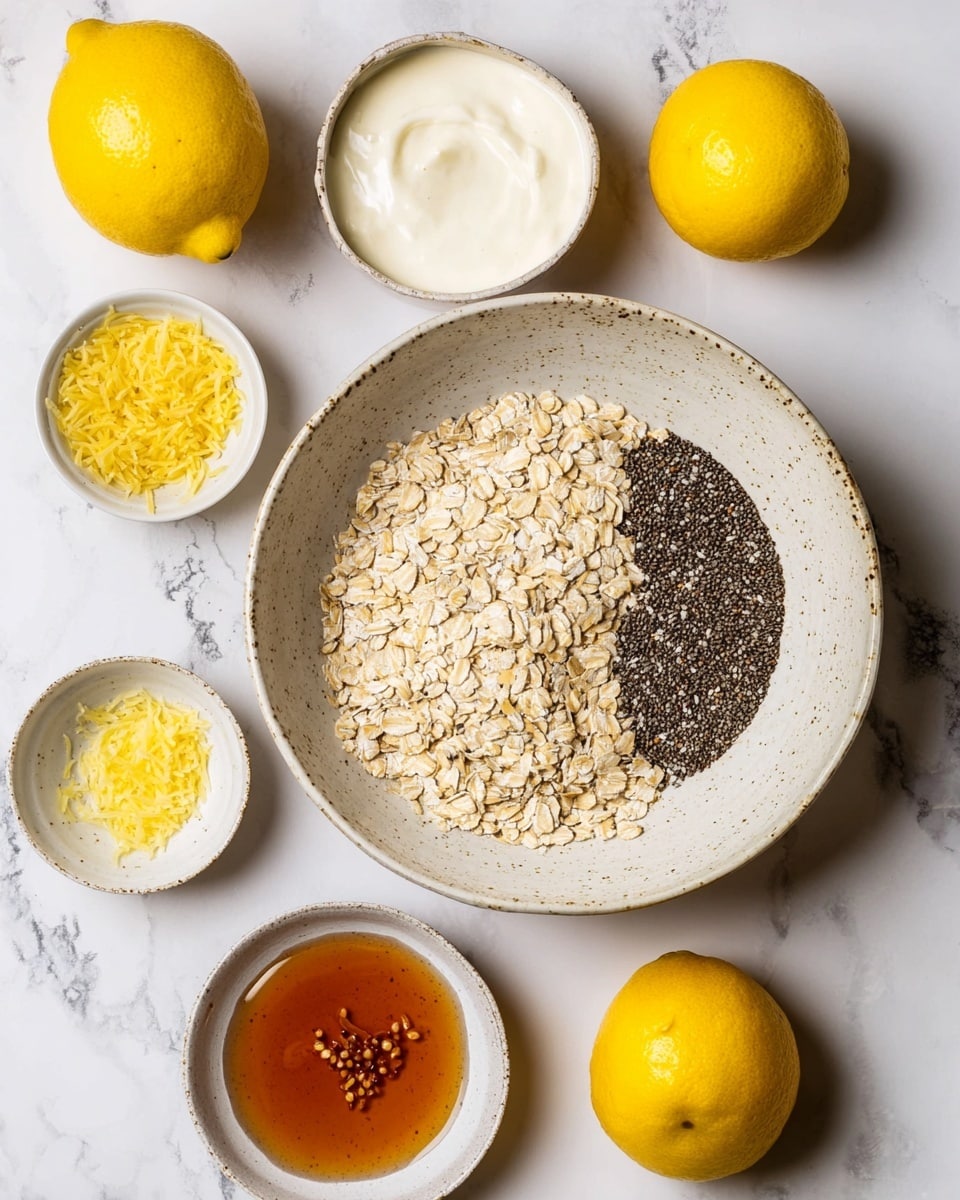 The image shows a top view of a large white bowl with speckled texture filled with two main layers: a bigger portion of light beige rolled oats on the left and a smaller section of tiny dark chia seeds on the right. Around the bowl, there are five smaller white bowls and some whole and sliced bright yellow lemons scattered on a white marbled surface. The smaller bowls contain a creamy white liquid, a dark amber liquid, grated yellow lemon peel, thick white yogurt, and an amber-colored honey-like liquid with some seeds floating inside. Photo taken with an iphone --ar 4:5 --v 7