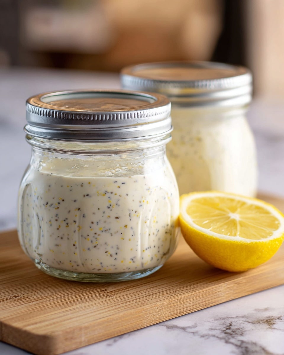 The image shows two small glass jars with silver lids, filled with a creamy white mixture that has small black and yellow specks, likely seeds and grains. One jar is in front, and the other is slightly blurred in the background. Next to the jars is a half lemon with a bright yellow and juicy interior. All items are placed on a light brown wooden board, which sits on a white marbled surface. The background is softly blurred, giving focus to the jars and lemon. Photo taken with an iphone --ar 4:5 --v 7