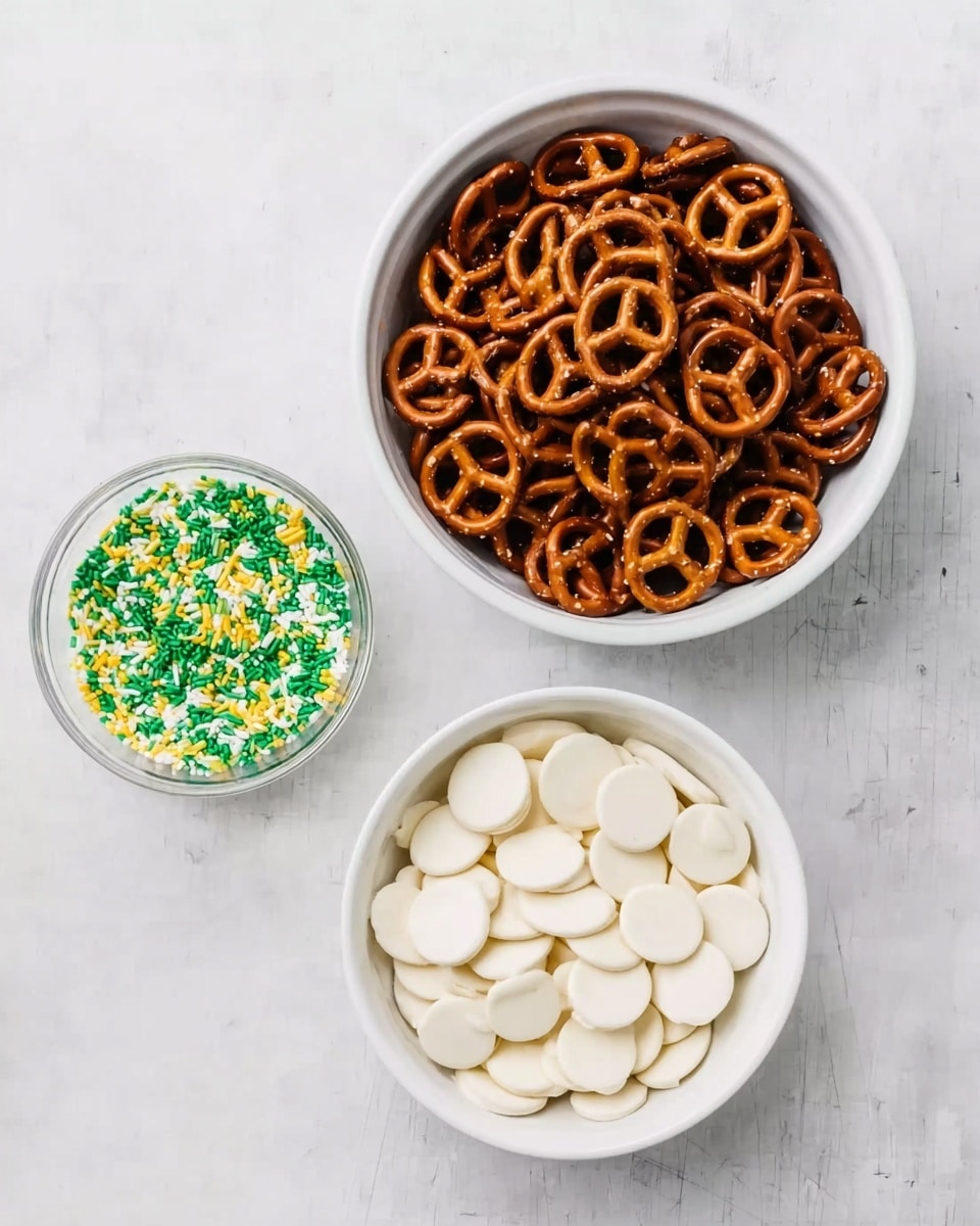 The image shows three white bowls on a white marbled surface. The largest bowl, placed on the right, is filled with medium-sized brown salted pretzels, tightly packed and shiny. Below it, a medium white bowl is full of flat, round, white chocolate wafers with a smooth texture. Above these two, a small white bowl holds green and yellow sprinkles mixed with white candy pieces, providing a colorful contrast to the other ingredients. photo taken with an iphone --ar 4:5 --v 7