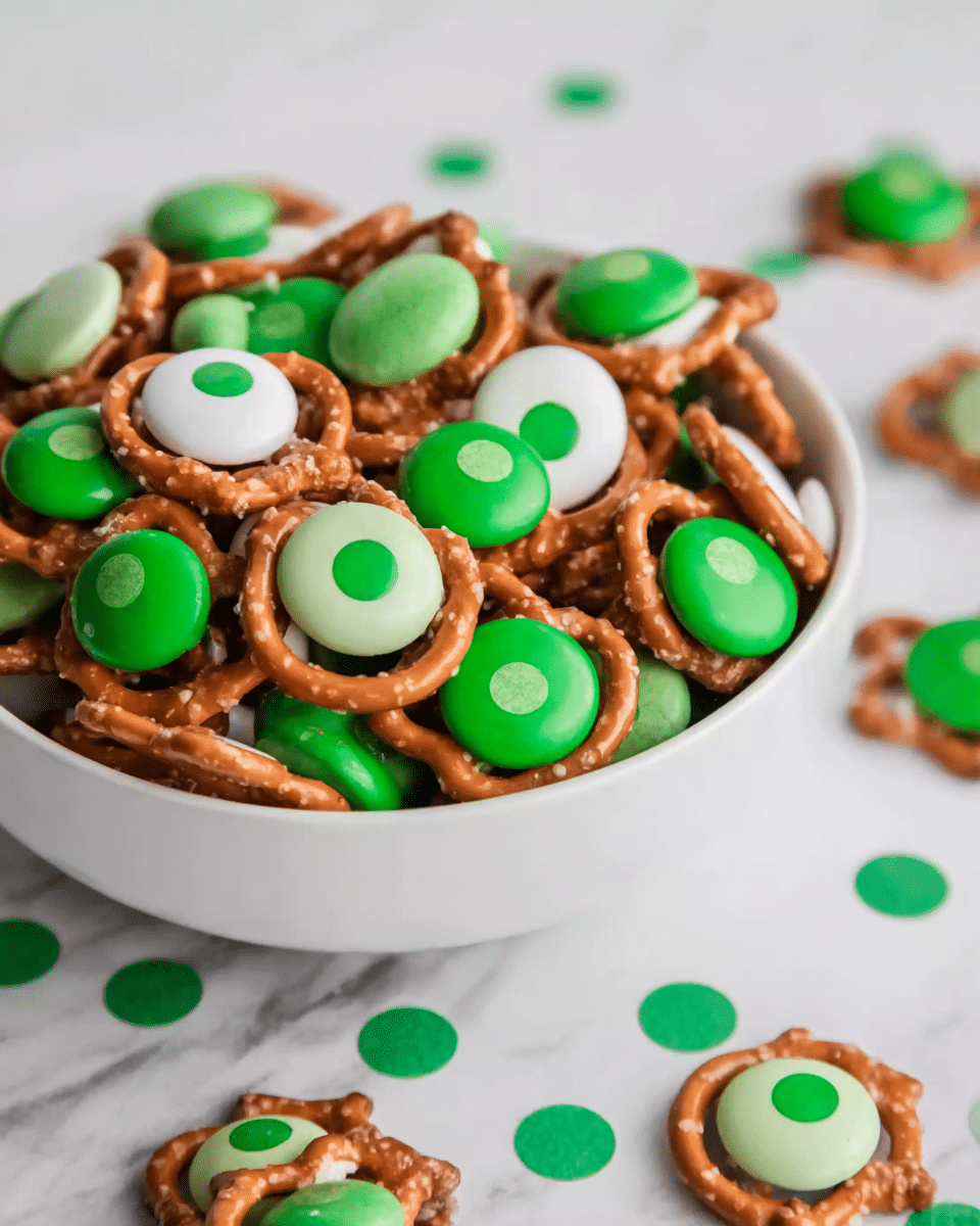 A white bowl filled with pretzels topped with white and green candy discs, each with a smaller green circle in the middle, resembling colorful eyes. The pretzels are arranged with a mix of light brown, shiny, twisted shapes contrasting the smooth, round candies on top. Around the bowl on a white marbled surface with green polka dots, a few of the same pretzel and candy snacks are scattered, showing the detailed layering of the crunchy pretzel, shiny candy, and the smaller green candy center. The colors are bright with the white of the candy, shades of green, and the brown of the pretzels standing out clearly photo taken with an iphone --ar 4:5 --v 7