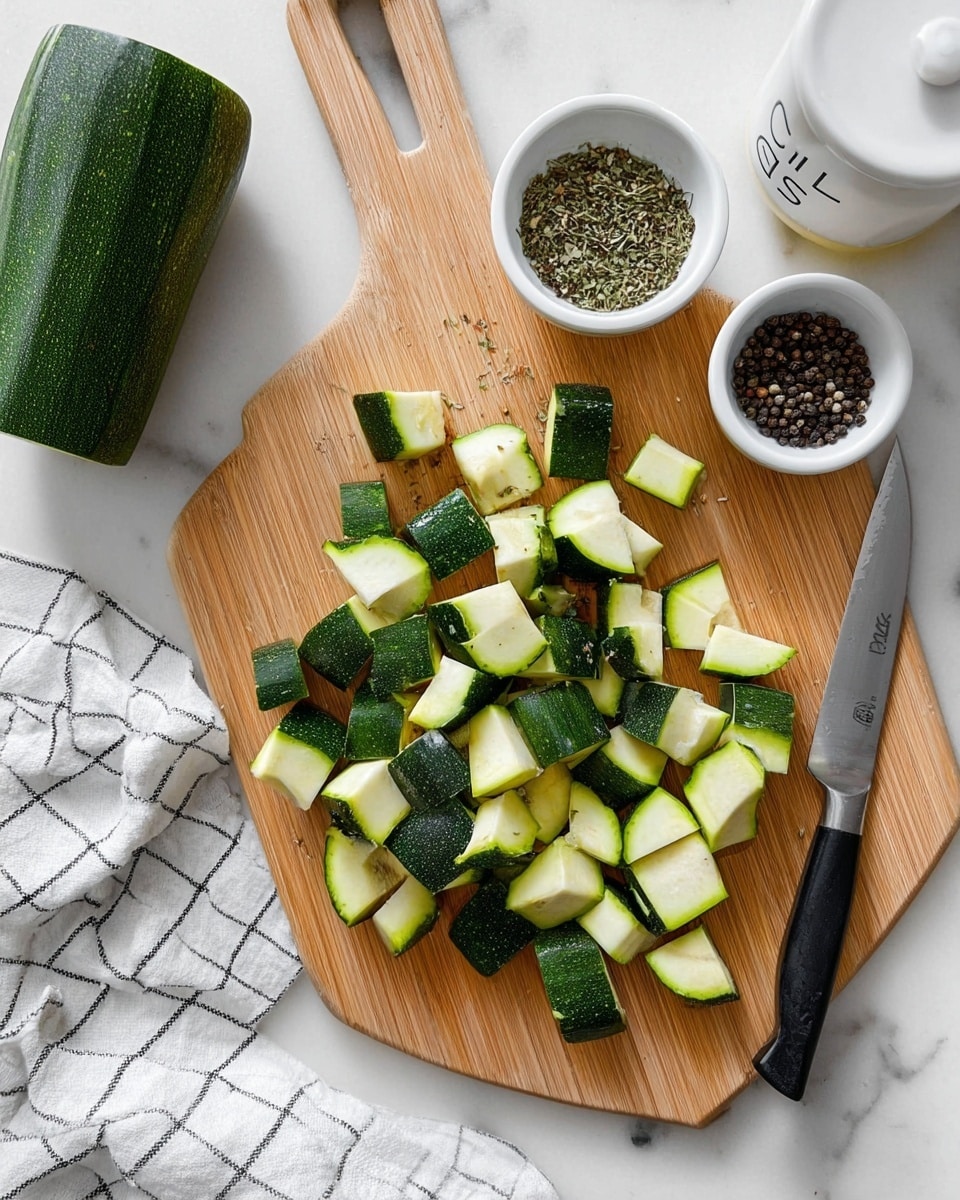 A light wooden cutting board rests on a white marbled surface, holding chopped pieces of zucchini with dark green skin and pale fresh insides scattered on its right side. A shiny knife with a black handle lies next to the chopped zucchini pieces. Near the top of the board, there are two small white bowls, one filled with mixed dried herbs and one filled with whole black peppercorns. On the left side of the board, there is the remaining half of the zucchini. A white container labeled