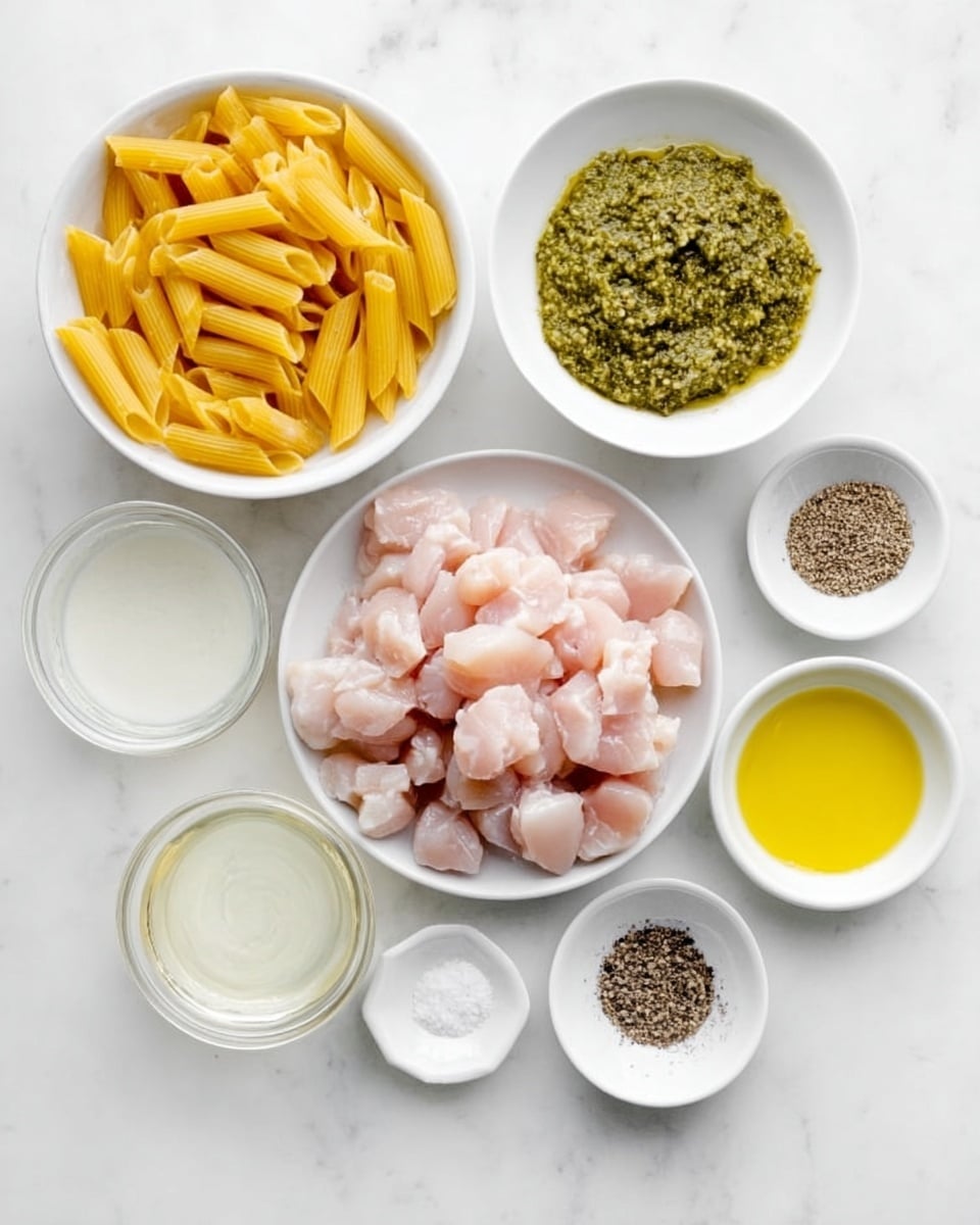 A white plate holds raw, diced pale pink chicken pieces at the center, surrounded by five small white bowls arranged neatly around it. One bowl contains uncooked yellow penne pasta, another has a green, coarse textured pesto sauce, the third holds clear white cream, the fourth is filled with golden yellow olive oil, and the last contains coarse ground black pepper and salt crystals. All items are placed on a white marbled surface. Photo taken with an iphone --ar 4:5 --v 7