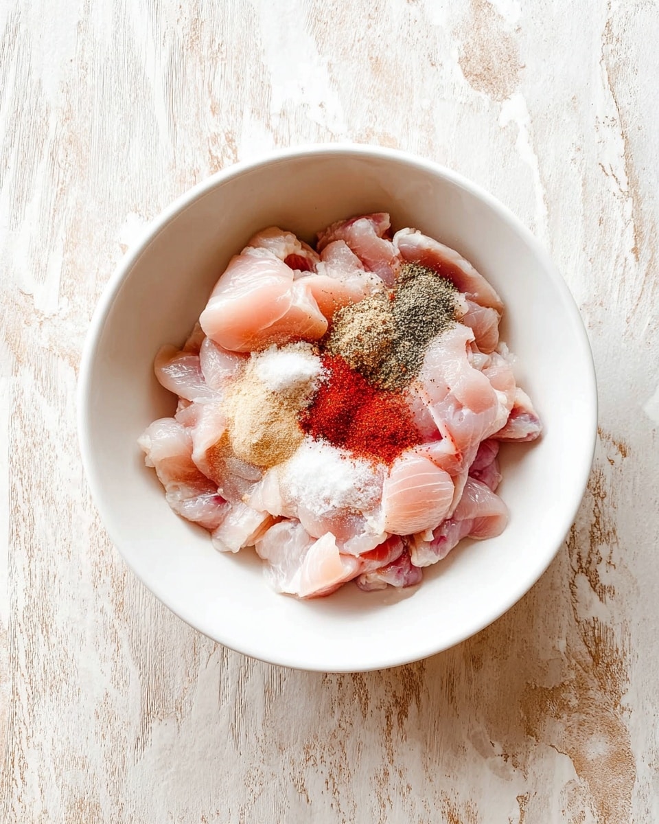 A white bowl filled with small pieces of raw light pink chicken placed on a white marbled surface. On top of the chicken, there are several spices sprinkled in the center, including a red powder, a beige powder, a black powder, and a white powder, creating a colorful mix against the pale chicken. The bowl is seen from above and the texture of the chicken pieces looks soft and fresh. photo taken with an iphone --ar 4:5 --v 7
