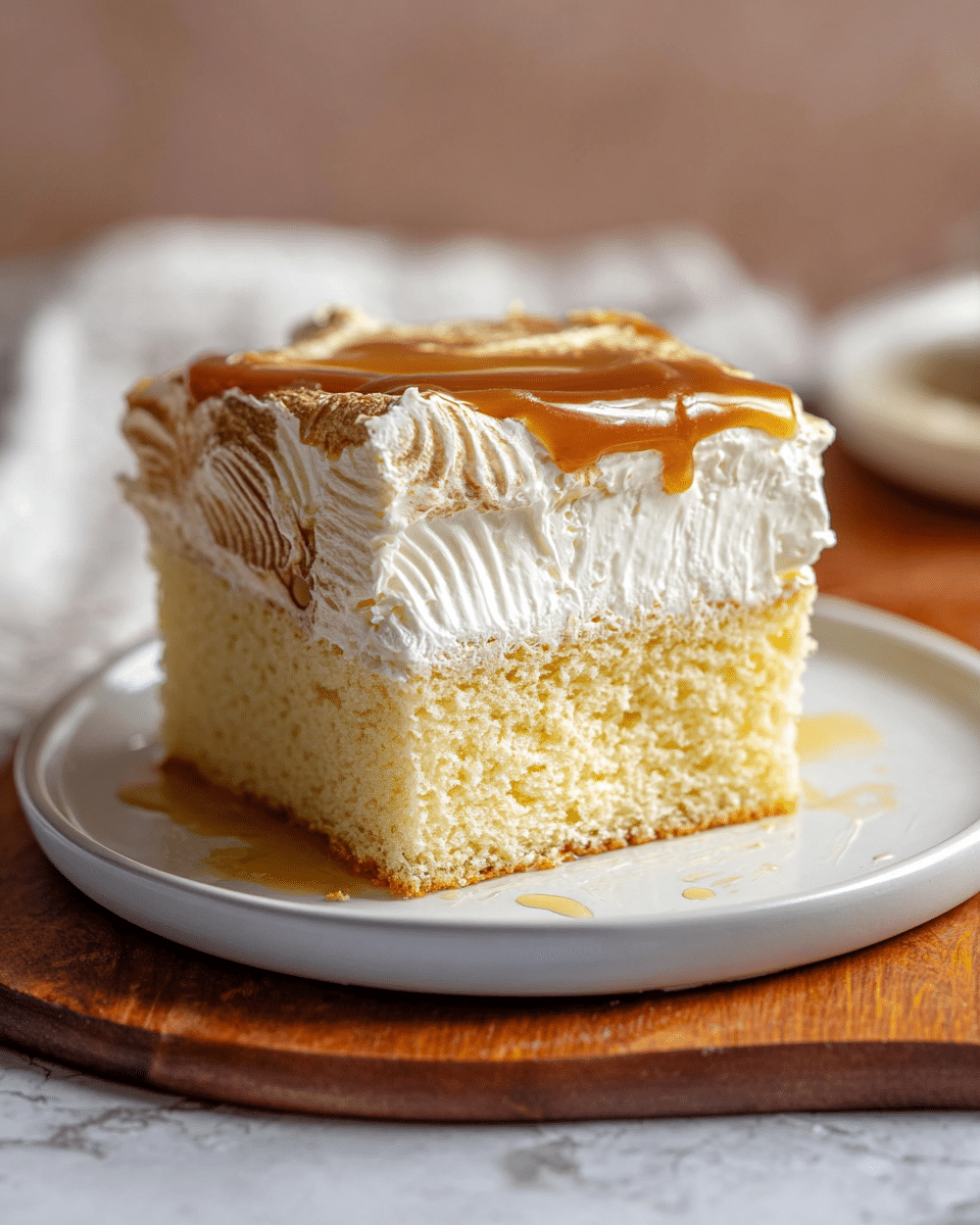 A square piece of sponge cake sits on a white plate, placed on a wooden board over a white marbled surface. The cake has three layers: a light yellow, porous bottom layer soaked in syrup, a thick middle layer of smooth white cream, and a thin top layer of caramel-colored sauce with a glossy texture. The cake looks moist, with syrup pooled slightly around the base, and the creamy top is softly textured with small ridges. The background is softly blurred, highlighting the cake. Photo taken with an iphone --ar 4:5 --v 7