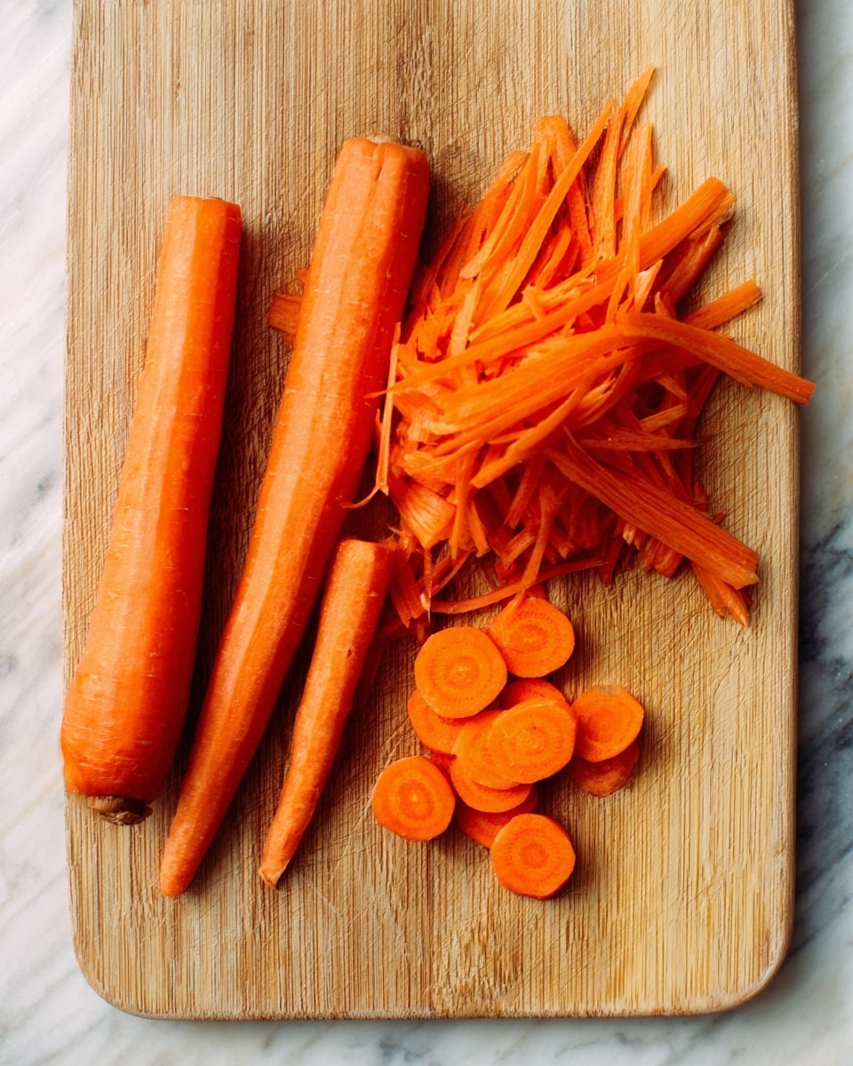 The image shows a wooden cutting board with several whole carrots and a pile of thin orange carrot strips placed in the middle. To the right of the strips, there are small round slices of carrot. The whole carrots are smooth with a firm texture, and the thin strips are bright orange and slightly curled. Everything is set on a white marbled surface. Photo taken with an iphone --ar 4:5 --v 7