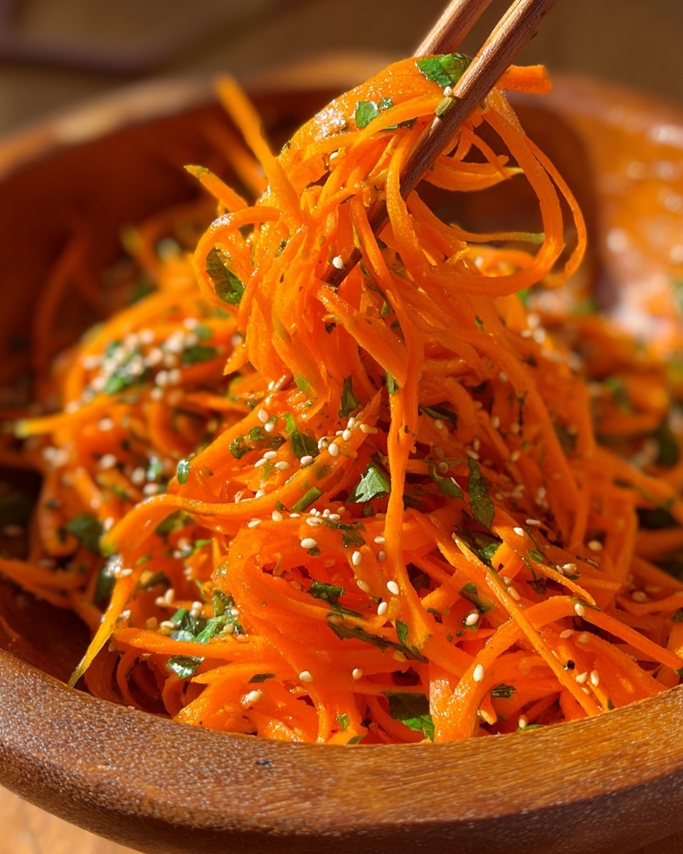 The image shows a wooden bowl filled with bright orange thin carrot strips mixed with small green herbs and sesame seeds. The carrot strips are long and curly with a slightly shiny texture, layered loosely inside the bowl. A pair of wooden chopsticks lift some of the carrot salad, showing a close view of the mixed seeds and herbs along with the soft carrot texture. The background is softly blurred with warm lighting highlighting the fresh, crisp look of the carrot salad. Photo taken with an iphone --ar 4:5 --v 7