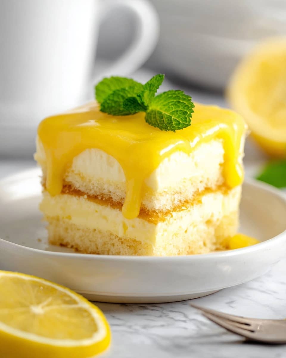 A square lemon dessert with three layers sits on a white plate over a white marbled surface. The bottom and middle layers are light yellow sponge cake, with a thick creamy pale yellow filling between them. The top layer is a glossy bright yellow lemon glaze that slightly drips down the sides. Two green fresh mint leaves rest on top of the lemon glaze. In the foreground, there are two lemon halves, slightly out of focus. In the background, a white cup and a blurred fork add to the scene. Photo taken with an iphone --ar 4:5 --v 7