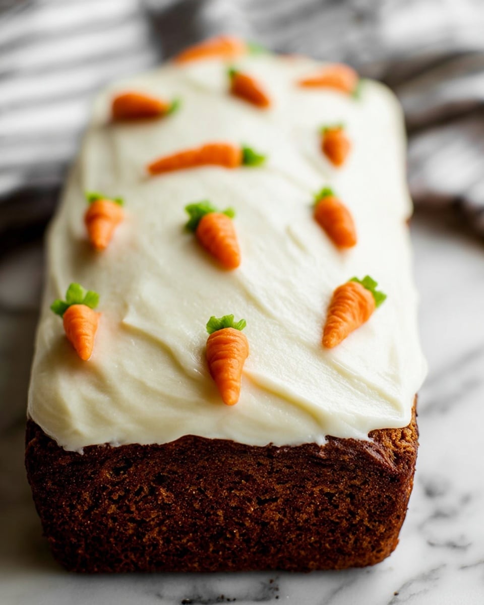 The image shows a rectangular loaf cake with a dark brown base and a thick layer of smooth, white frosting on top. The frosting is spread evenly with slight texture but remains mostly flat, covering the entire top surface. Small, thin orange carrot-shaped decorations with tiny green leaves are scattered evenly in rows across the frosting, creating a neat pattern. The cake is placed on a white marbled surface, and a blurred cloth is visible in the background. photo taken with an iphone --ar 4:5 --v 7
