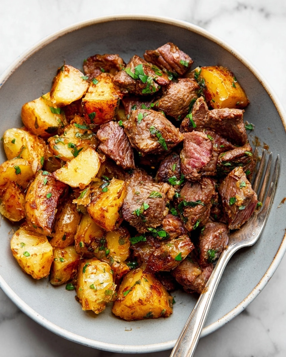 A close-up view of a white bowl filled with two main layers: the bottom layer has roasted potato chunks with a golden-brown crispy skin and soft inside, and the top layer consists of medium-brown cooked beef pieces with a slightly glossy texture, both mixed and sprinkled with small green herb bits. A silver fork rests inside the bowl on the right side. The dish is placed on a white marbled surface. Photo taken with an iphone --ar 4:5 --v 7