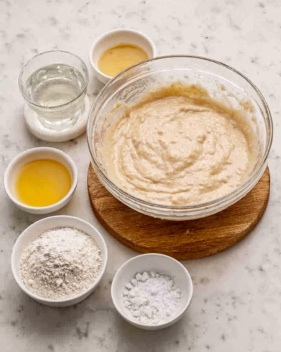 A clear glass bowl filled with a creamy, thick beige batter sits in the center on a white marbled surface. Around the bowl are five small white bowls containing different ingredients: one with a thick yellow liquid, one with white flour, one with coarse white salt, one with small white crumbles, and one with a clear liquid in a glass. The scene is simple and well-lit, focusing on the ingredients arranged neatly on a wooden board on top of the marble. photo taken with an iphone --ar 4:5 --v 7