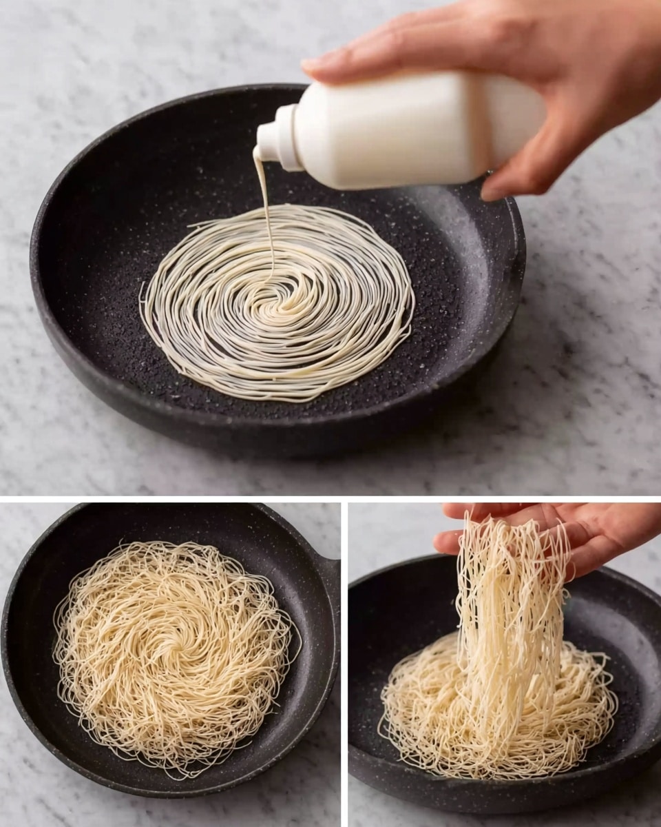 The image shows three stages of preparing thin noodles on a black pan placed on a white marbled surface. The first stage features a white sauce being squeezed in a tight spiral pattern by a woman’s hand from a white squeeze bottle, creating thin light beige lines on the black pan. The second stage shows the noodles fully formed in a dense spiral shape, light beige and slightly shiny, covering most of the pan's surface evenly. The third stage depicts a woman’s hand lifting the woven nest of thin noodles in a loose bundle, showing their delicate and soft texture with many small gaps between the strands, all set against the same marbled white surface. Photo taken with an iphone --ar 4:5 --v 7