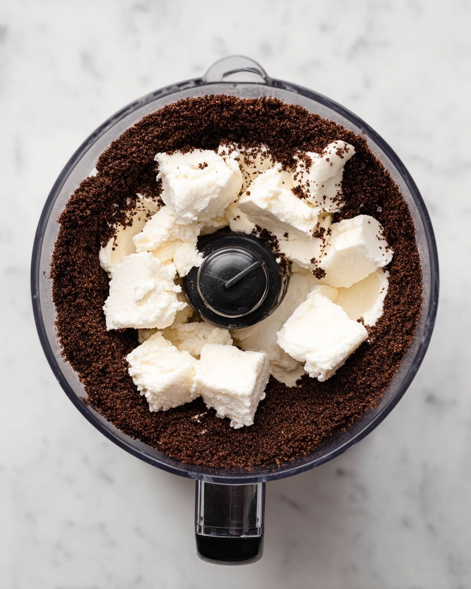 A food processor with a clear bowl filled with a dark brown crumbly layer at the bottom, topped with several chunks of white soft cream cheese spread evenly over the crumbs. The food processor sits on a white marbled surface. photo taken with an iphone --ar 4:5 --v 7