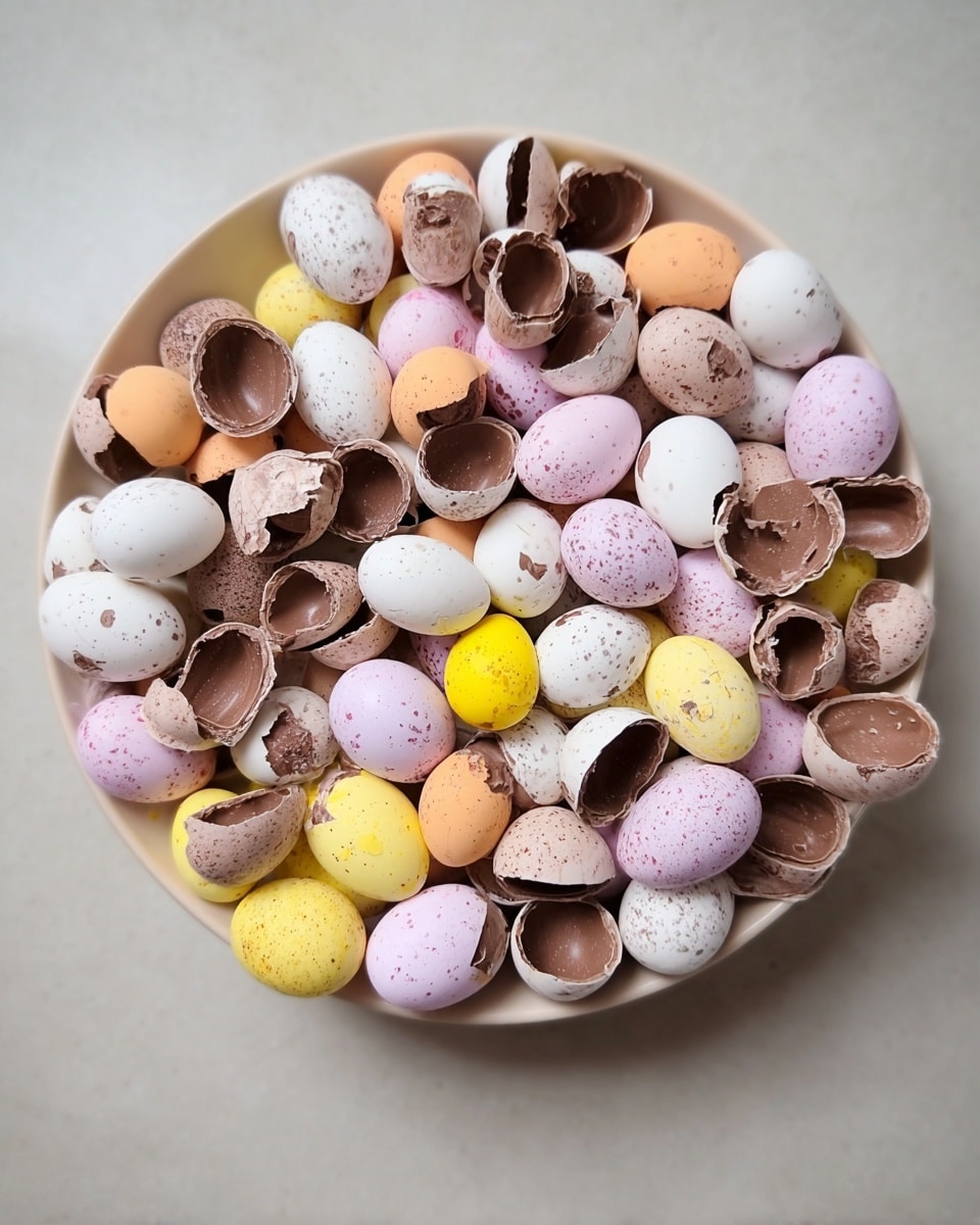 A collection of small, broken candy eggs fills the center of a bowl. The eggs come in pastel colors such as white, pink, purple, yellow, and orange, some with tiny speckles. Many eggs are split open, showing a smooth chocolate inside with a matte finish. The bowl has a light neutral tone with a simple, round shape. The scene is set against a white marbled surface, adding a soft texture in the background. photo taken with an iphone --ar 4:5 --v 7