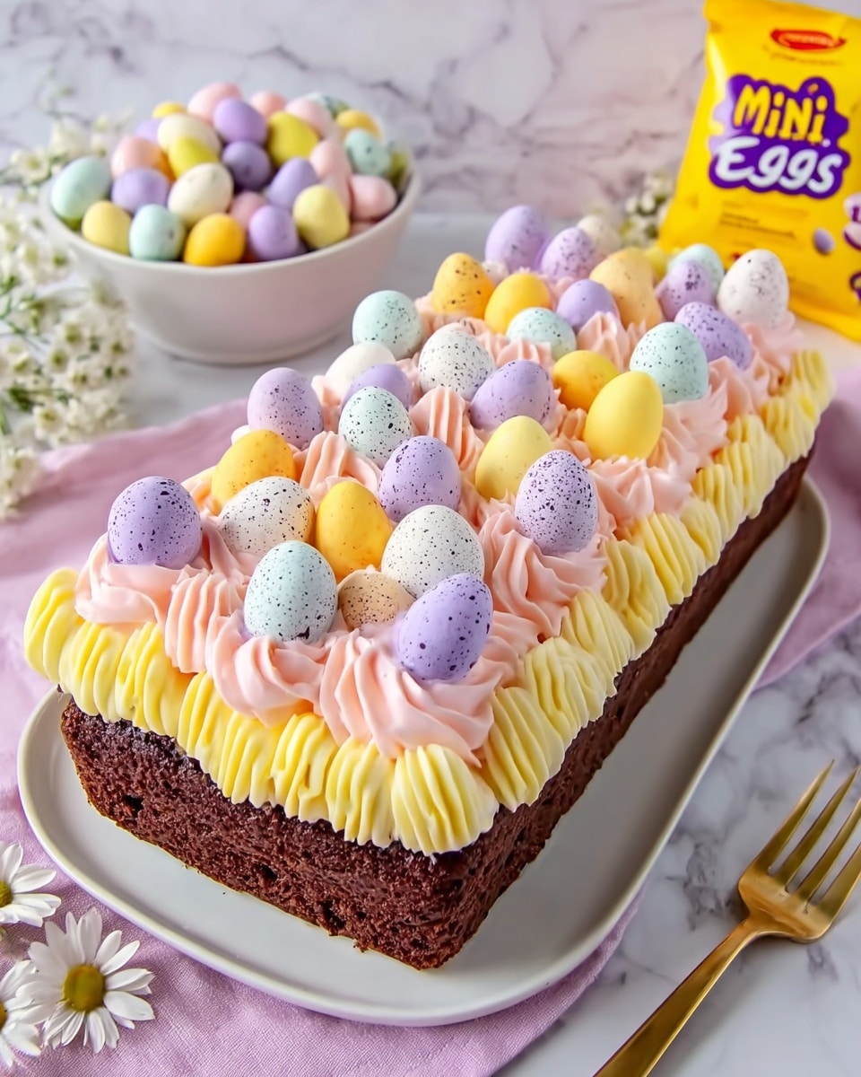 A rectangular chocolate cake with a textured side surface sits on a white plate on a white marbled surface. The cake is topped with two swirled layers of pastel pink and yellow frosting, evenly spread across the entire top surface. On top of the frosting, there are many small, speckled, egg-shaped candies in pastel colors such as purple, yellow, white, and pink, arranged closely in several rows along the length of the cake. In the background, there is a white bowl filled with similar pastel egg candies and a bright yellow bag of