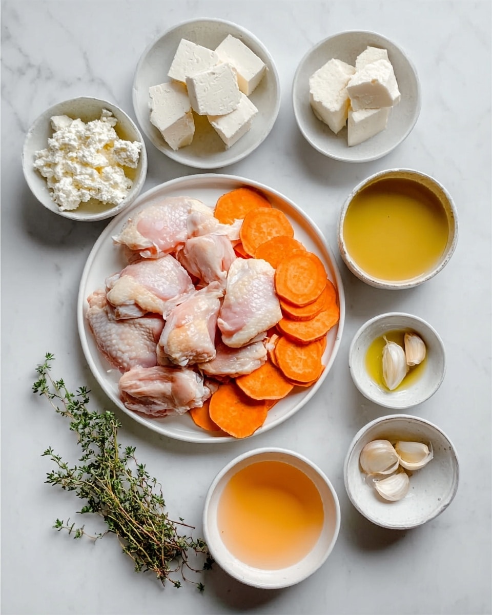 The image shows a white marbled surface with a white plate in the center filled with raw skinless chicken thighs, topped on a layer of thinly sliced orange sweet potatoes spread out on another white plate slightly below it. Around the plates are small white bowls containing various ingredients: one with white cottage cheese, another with several slices of cream-colored tofu, one bowl filled with pale orange liquid (likely broth), and one with a golden yellow liquid (likely oil). There are also small bowls containing a few garlic cloves, white creamy sauce, and a light green seasoning mix. Fresh green thyme sprigs are placed on the lower left. The overall color palette includes soft oranges, whites, pale pinks, and greens on a clean white marbled background. photo taken with an iphone --ar 4:5 --v 7