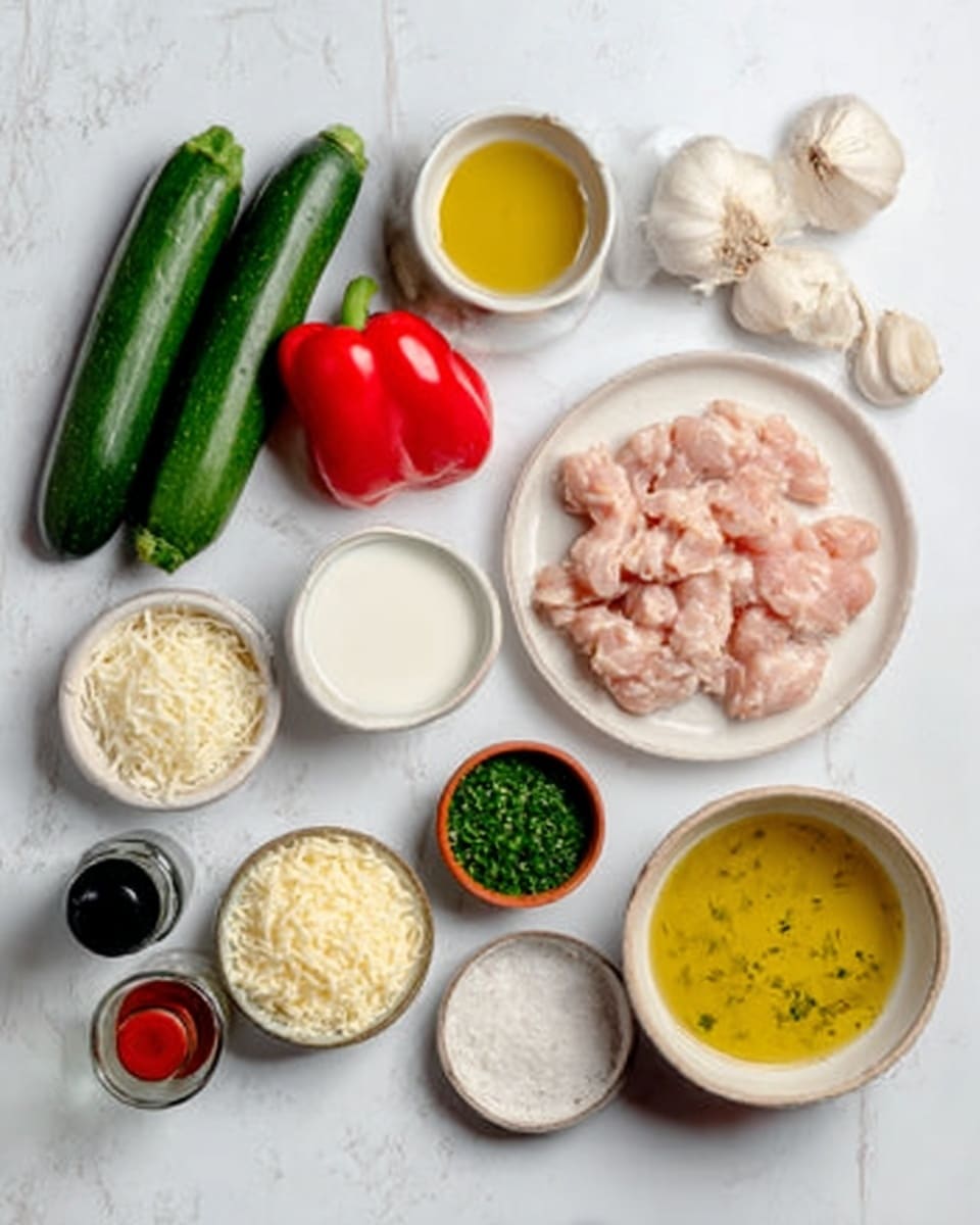 The image shows a white marbled surface with ingredients neatly placed on it. There are two green zucchinis, two red chili peppers, and a red bell pepper. Cloves of garlic are next to a white bowl of white sauce and a white bowl with yellow sauce. A white plate holds pinkish pieces of chicken. There is a clear bowl of yellow broth, a small bowl of chopped green herbs, a bowl of shredded cheese, and a small bowl of white grainy salt. A white bulb of garlic and two small bottles with dark and green liquid are also visible, all arranged carefully. photo taken with an iphone --ar 4:5 --v 7