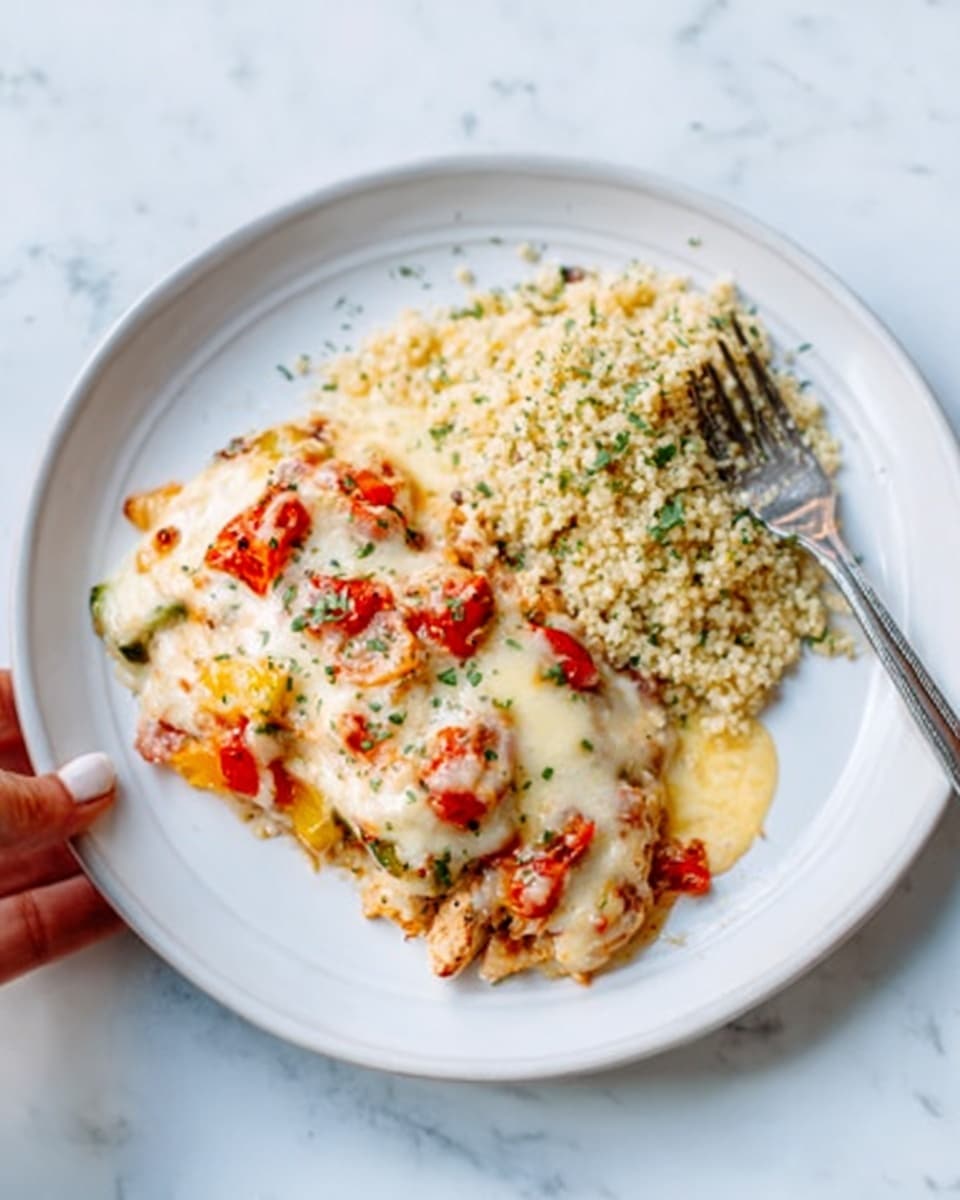 A white plate on a white marbled surface holds a layered dish with a mix of melted cheese that is creamy and light yellow on top, with small bits of red tomatoes scattered across. Under the cheese, there are light brown cooked pieces, possibly chicken or a similar meat, with some green herbs sprinkled on the dish and on the side. Beside it, a pile of small, grain-like food in a pale yellow color is garnished with bits of green herbs. A fork rests on the plate next to the food, with a woman's hand holding the edge of the plate, giving a sense of serving. Photo taken with an iphone --ar 4:5 --v 7