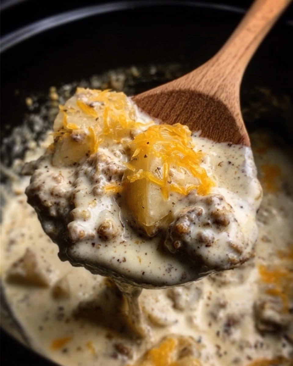 A close-up image shows a wooden spoon lifting a creamy, thick mixture from a pot. The mixture has a white sauce with specks of black and brown, along with chunks of light brown meat and melted yellow cheese on top. The background and pot are dark, making the creamy texture and melted cheese stand out clearly. photo taken with an iphone --ar 4:5 --v 7