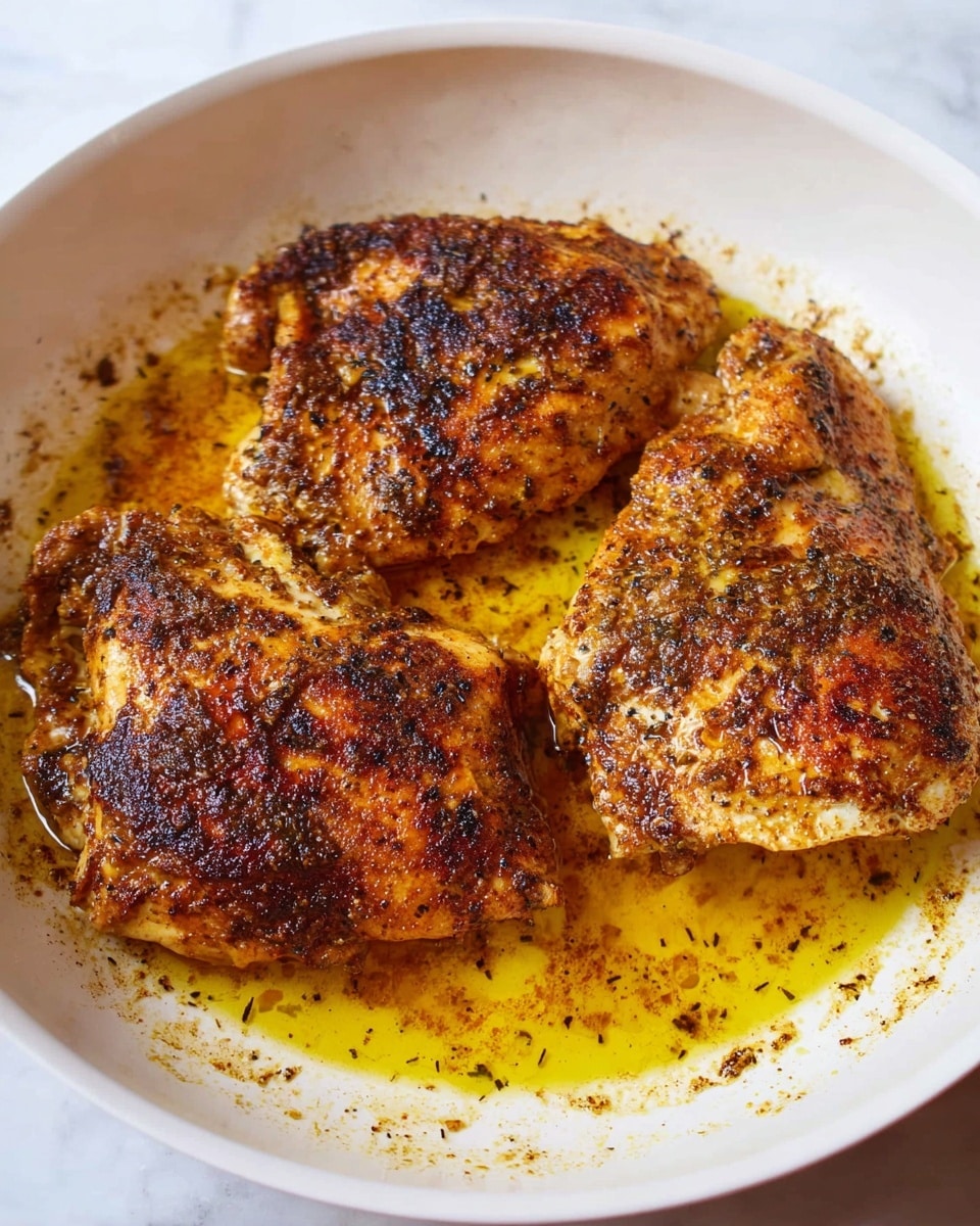Three cooked pieces of chicken sit in a white pan with a yellow oily sauce. The chicken pieces are seasoned with spices that create a dark, browned crust on the surface. The texture looks slightly crispy on some parts while soft on others. The pan holds the chicken pieces close together, and the sauce pools around them, adding a shiny glaze. The white pan contrasts with the warm colors of the chicken and sauce, and the image is taken on a white marbled surface. photo taken with an iphone --ar 4:5 --v 7