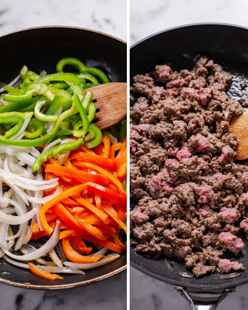 The image shows two black frying pans on a white marbled surface. The left pan contains sliced vegetables with three layers visible: the bottom layer is thin white onion strips, the middle layer is bright orange bell pepper strips, and the top layer is green bell pepper strips, all mixed lightly. A wooden spoon rests in the pan, pressing slightly on the vegetables. The right pan contains a single layer of cooked ground beef, with different shades of brown and pink visible as the meat simmers. There is some steam rising from both pans, showing the cooking process in action. Photo taken with an iphone --ar 4:5 --v 7