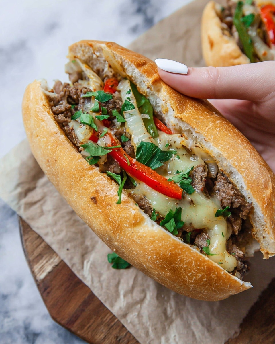 A close-up view of a sandwich held by a woman's hand with white painted nails, showing the sandwich layers clearly. The bun is golden brown and soft, cut open and holding the ingredients inside. The first layer inside the bun is cooked pieces of brown meat, mixed with cooked green and red bell pepper strips and cooked white onion slices. Melted light yellow cheese covers the meat and vegetables, and fresh green parsley leaves are sprinkled on top, adding a pop of color. The sandwich rests on light brown parchment paper over a wooden board, all against a white marbled background. Photo taken with an iphone --ar 4:5 --v 7
