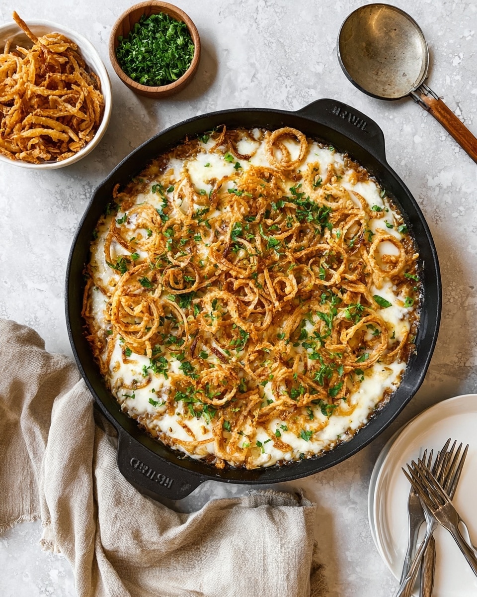 A black skillet filled with a dish showing three layers: at the bottom, a thick brown mixture; above it, a layer of melted white cheese covering the whole surface with some golden spots; on top, crispy golden-brown fried onion rings scattered evenly; small green parsley bits sprinkled over everything for color contrast. Next to the skillet, a small white bowl holds extra crispy fried onion rings. The scene is set on a white marbled texture with a beige cloth draped nearby and a wooden spoon with a silver head resting beside a small white bowl filled with chopped green herbs. Two forks rest on a white plate at the bottom right. photo taken with an iphone --ar 4:5 --v 7