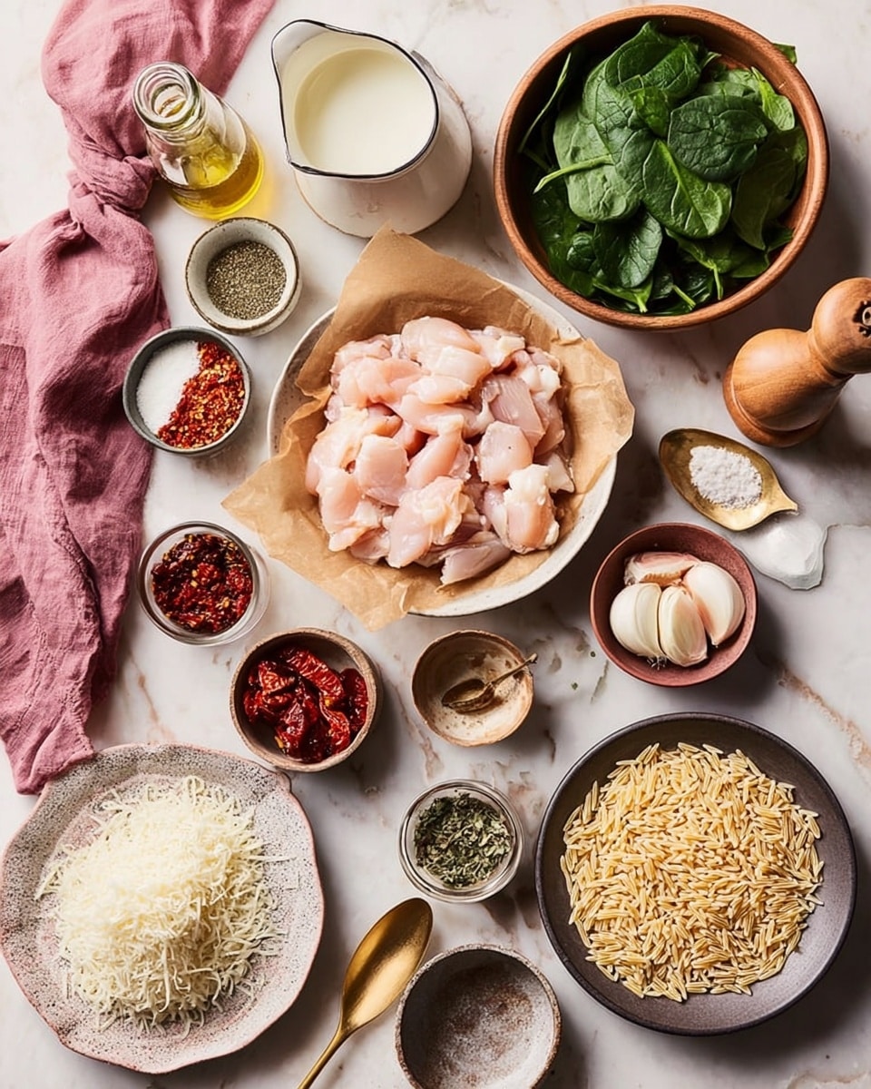 The image shows an overhead view of various ingredients arranged neatly on a white marbled surface. In the center bottom, there is a round dish lined with brown parchment paper holding raw, light pink chicken pieces. To the chicken's right, a dark green bowl contains light yellow orzo pasta inside a beige bowl with a speckled pattern. Above the pasta, a small white bowl has garlic cloves, some whole and some peeled. To the top right, a wooden bowl holds fresh green spinach leaves. Near the top and slightly left, small bowls contain different spices: one with bright red paprika, one with black and white cracked pepper, and one with a green herb mix. Below the spices, a crystal bowl with a wooden fork has red sun-dried tomatoes. A small glass jug with golden olive oil is next to the sun-dried tomatoes. On the bottom left, a small plate piled high with grated white cheese sits next to a small jug filled with cream. Nearby is a wooden spoon on a white pot with a purple cloth draped over the handle. A wooden pepper grinder stands near the cream. The whole scene is bright and clean, emphasizing the colorful freshness of the ingredients photo taken with an iphone --ar 4:5 --v 7