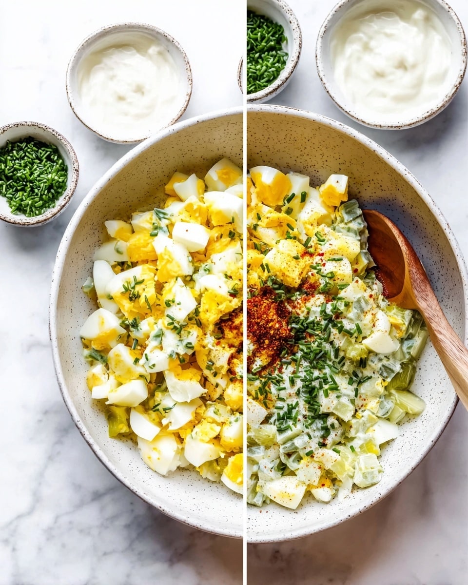 A white speckled bowl sits on a white marbled surface, filled with chopped boiled eggs that show bright yellow yolks and white edges. A wooden spoon rests inside the bowl. Around the bowl are small white bowls holding creamy white sauce, chopped pickles, and finely chopped green herbs. In the second image, the bowl now contains the chopped eggs mixed with creamy white sauce, chopped pickles, yellow mustard, and various green and red spices placed in separate layers on top, ready to be mixed, all on the white marbled surface. photo taken with an iphone --ar 4:5 --v 7