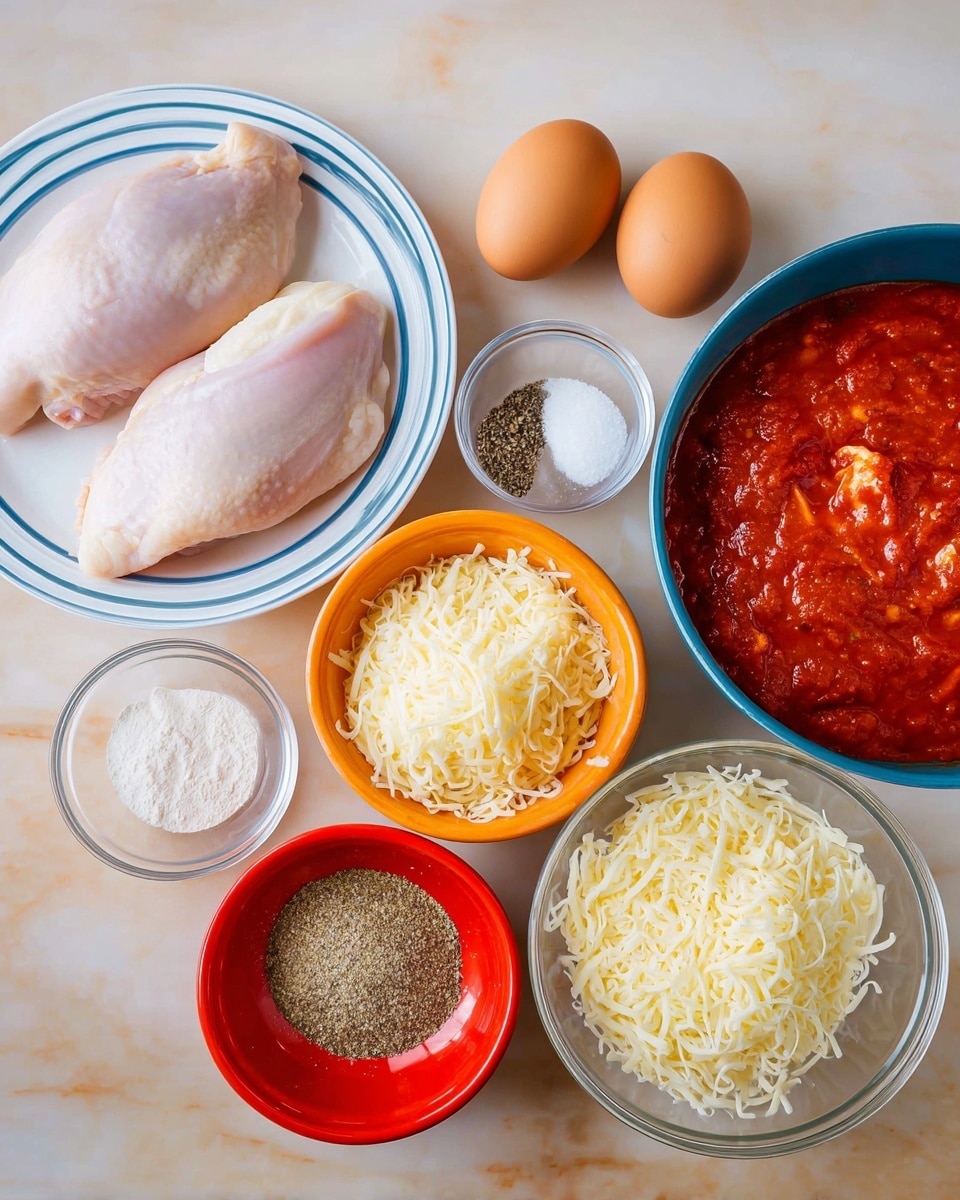 The image shows ingredients arranged neatly on a white marbled surface. There are two large raw chicken pieces placed on a white plate with blue rings, positioned on the left side. Above this plate are two brown eggs next to small bowls holding white powder, ground black pepper, and salt. Toward the center, there is an orange bowl filled with grated pale yellow cheese and a clear bowl to the right with shredded white cheese. A red bowl in front of these holds a mixed seasoning. On the right side, a large blue pot contains thick red tomato sauce with visible tomato chunks. The colors are bright and fresh, giving a clean and organized look. photo taken with an iphone --ar 4:5 --v 7