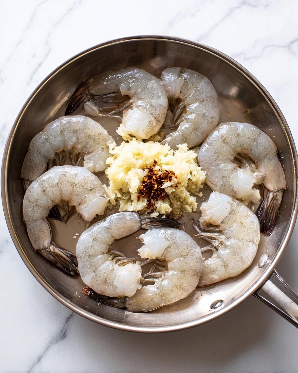 A metal pan is shown with several large, raw shrimp arranged in a circular pattern, their translucent white and light grey bodies curving toward the center. In the middle of the pan, there is a small mound of finely chopped pale yellow garlic and some dark brown flakes that look like chili. The pan sits on a white marbled surface that highlights the colors and textures inside. The shrimp have a smooth, slightly shiny texture, and the garlic looks soft and slightly mashed. photo taken with an iphone --ar 4:5 --v 7
