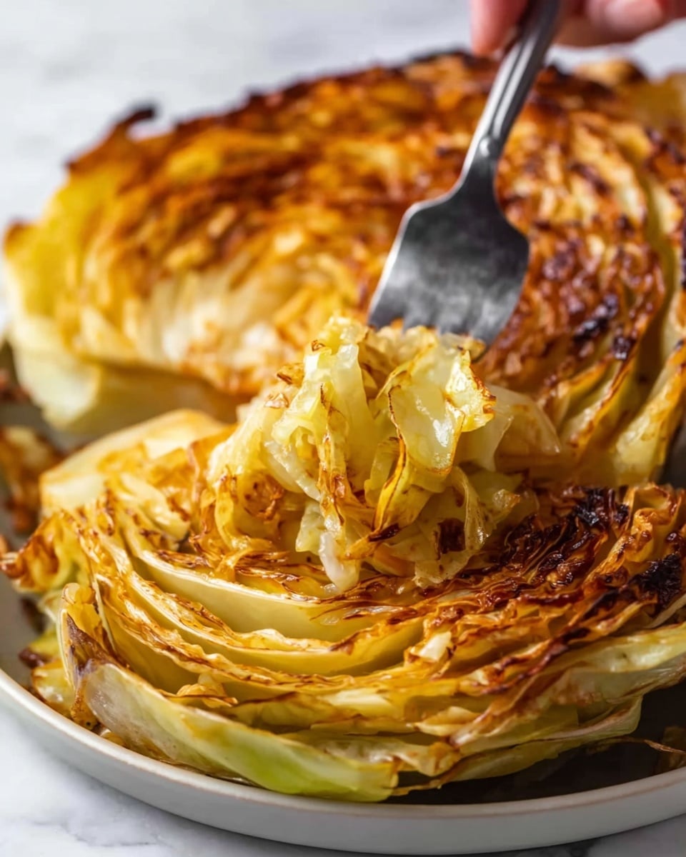 The image shows a close-up of a roasted cabbage head with several layers of soft, golden-brown cooked leaves. The outer leaves have a slightly crispy, browned texture, while the inner leaves are tender and lighter in color. A woman's hand is using a fork to pull away some of the innermost cabbage leaves, which are pale yellow and look soft and juicy. The cabbage is placed on a white plate over a white marbled surface. The photo taken with an iphone --ar 4:5 --v 7