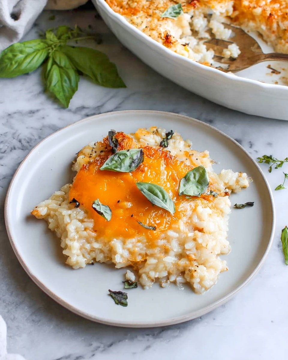 A white plate sits on a white marbled surface holding a serving of a cheesy rice casserole dish with two visible layers; the bottom layer is a creamy textured pale rice mixed dish with browned crispy parts along the edges, while the top layer is melted bright orange cheese that covers the center portion. Several small bright green basil leaves are scattered on top, adding fresh color, and some black pepper is sprinkled over the cheese and rice for contrast. In the background, a white oval baking dish shows more of the same casserole with a baked golden brown crust around the edges. Photo taken with an iphone --ar 4:5 --v 7