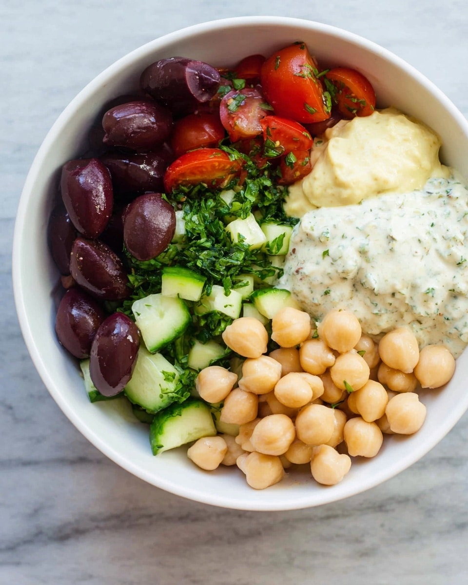 In a white bowl on a white marbled surface, there are five distinct layers arranged side by side. Starting from the bottom right, there is a pile of smooth, light beige chickpeas. Above the chickpeas are two dollops of creamy sauces: one is light yellow with a soft texture, and the other is a white sauce with green herb flecks giving it a speckled look. To the left of the sauces and chickpeas, there is a mix of small, vibrant red cherry tomato halves and bright green cucumber pieces, chopped into small chunks mixed with finely chopped green herbs. On the upper left side, there are glossy dark purple olives clustered together, adding a contrasting deep color to the bowl. photo taken with an iphone --ar 4:5 --v 7