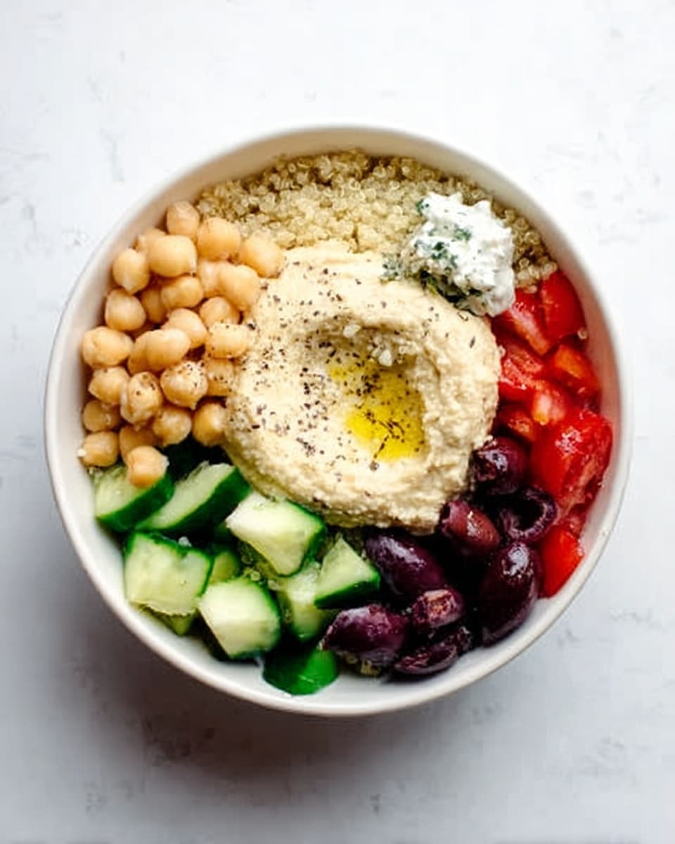 A white bowl filled with colorful layers of food sits on a white marbled surface. The bottom layer is a light beige grain, possibly quinoa, covering half of the bowl. On one side, there are soft, pale beige chickpeas arranged neatly. Next to the chickpeas, there are dark purple olives grouped in a small section. Bright green cucumber slices and chopped red tomatoes make up another section, bringing freshness and color. A large scoop of creamy, pale yellow hummus is placed in the center, topped with a drizzle of olive oil and a few black pepper specks. Nearby, there is a small scoop of white yogurt mixed with herbs. The bowl’s contents are arranged in clear, distinct layers and colors, creating a balanced and inviting look. Photo taken with an iphone --ar 4:5 --v 7