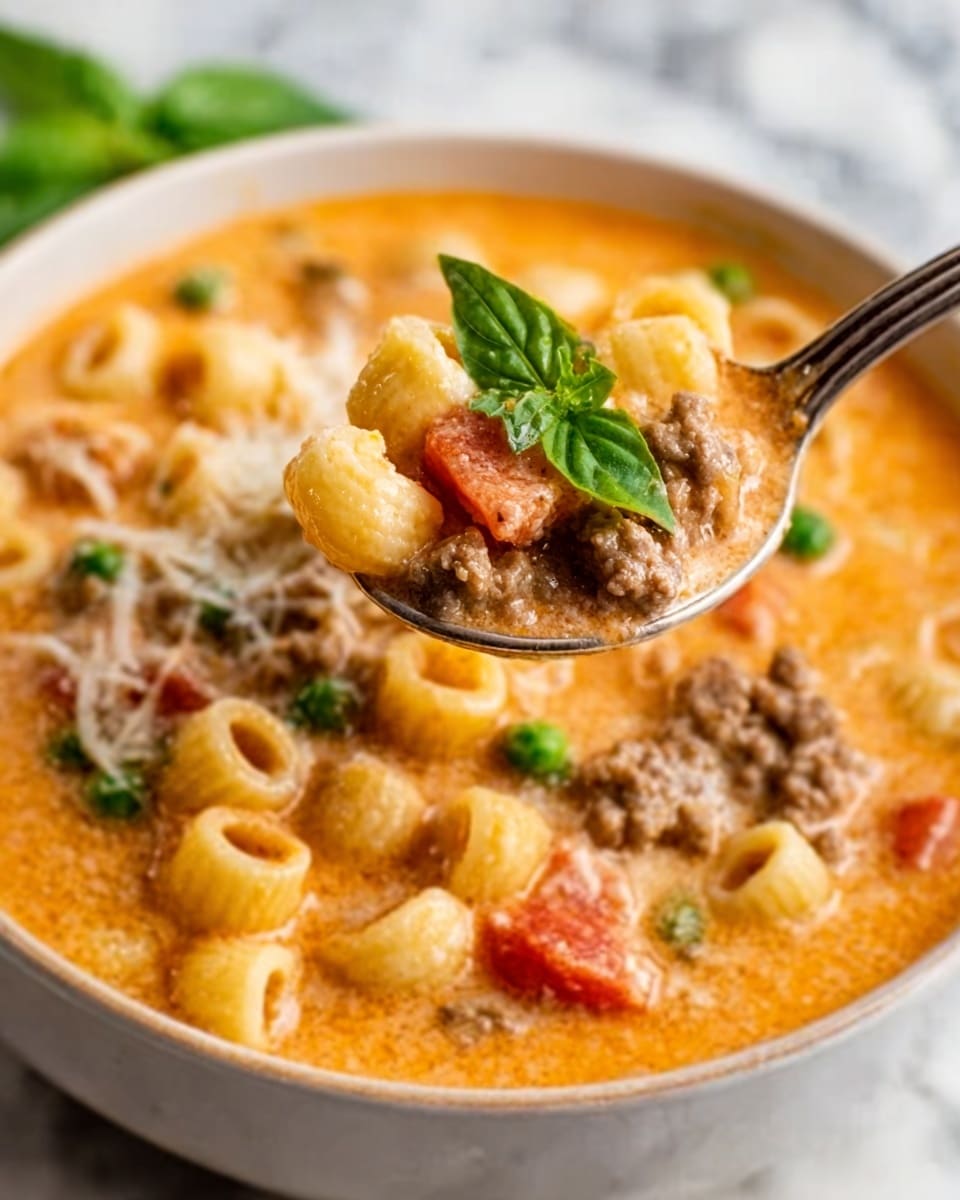 A close-up view of a white bowl filled with creamy soup containing small pasta tubes, ground meat, diced tomatoes, and green peas, with the soup showing a thick, rich orange color. A silver spoon is lifting a scoop of the soup above the bowl, showing the mixture of ingredients clearly, topped with a small fresh green basil leaf. The background has a white marbled texture. photo taken with an iphone --ar 4:5 --v 7