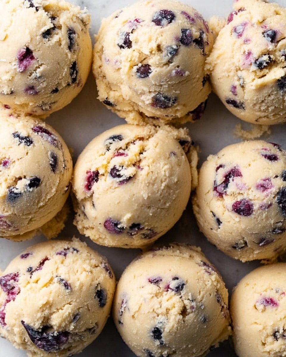 Several scoops of cookie dough with small dark berry pieces mixed inside are placed closely together on a white marbled surface. Each scoop is roughly the same size, rounded with a fluffy, slightly rough texture. The dough is pale yellow with purple and black berry bits scattered evenly throughout. The image shows the dough balls in a top-down view, filling the frame and highlighting their soft, lumpy texture. Photo taken with an iphone --ar 4:5 --v 7