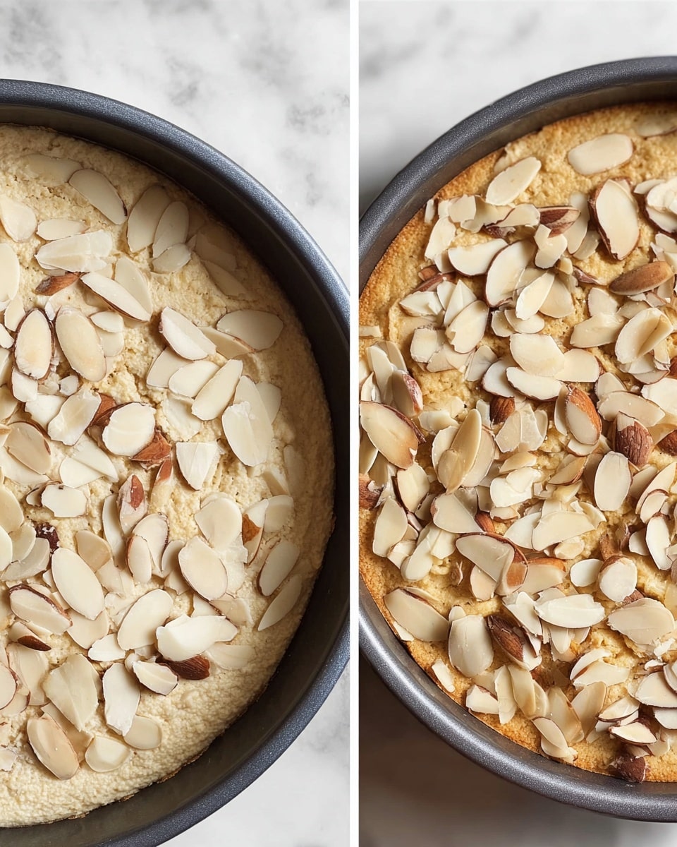 The image shows two close-up views of a round dish in a dark gray baking pan placed on a white marbled surface. Each dish has a thick base layer, first pale beige with a grainy texture and then golden brown and smooth. Both are topped with a generous scatter of sliced almonds, which are off-white with brown edges, spread unevenly across the surface. The almond slices vary in size and overlap slightly, creating a crunchy topping look. Photo taken with an iphone --ar 4:5 --v 7