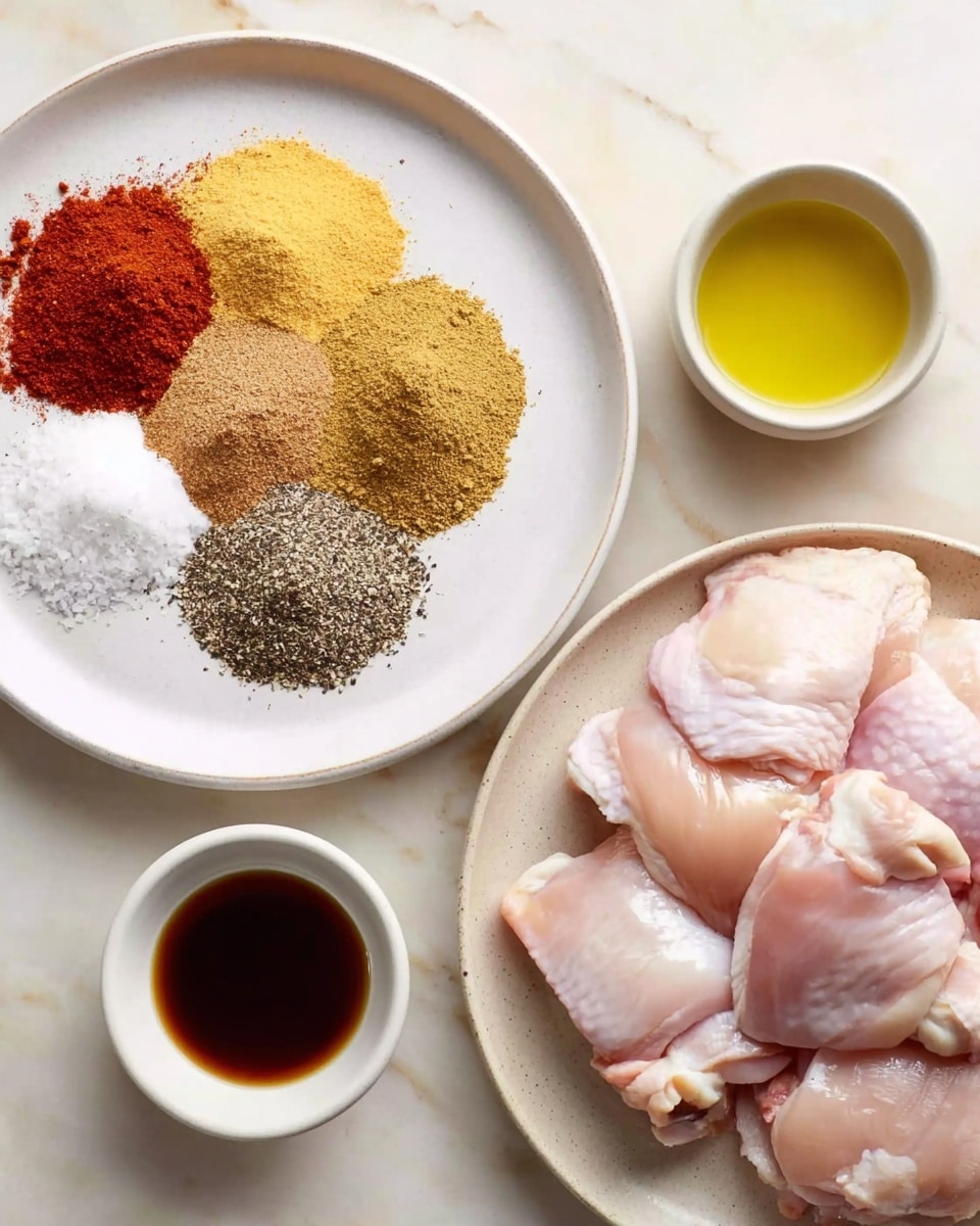 The image shows two white plates on a white marbled surface. The plate on the left has seven different spices arranged in separate piles in a circular shape: red paprika, yellow cornmeal, white salt, yellow mustard powder, ground black pepper, garlic powder, and onion powder. Each spice layer is dry and granular with a distinct color contrast. The plate on the right holds several pieces of raw chicken thighs with light pink skin and pale flesh. They are spread out to cover most of the plate. Near the top of this plate, there are two small white bowls; one contains yellow oil and the other has a dark brown sauce. The overall look is clean and simple with soft natural light. Photo taken with an iphone --ar 4:5 --v 7