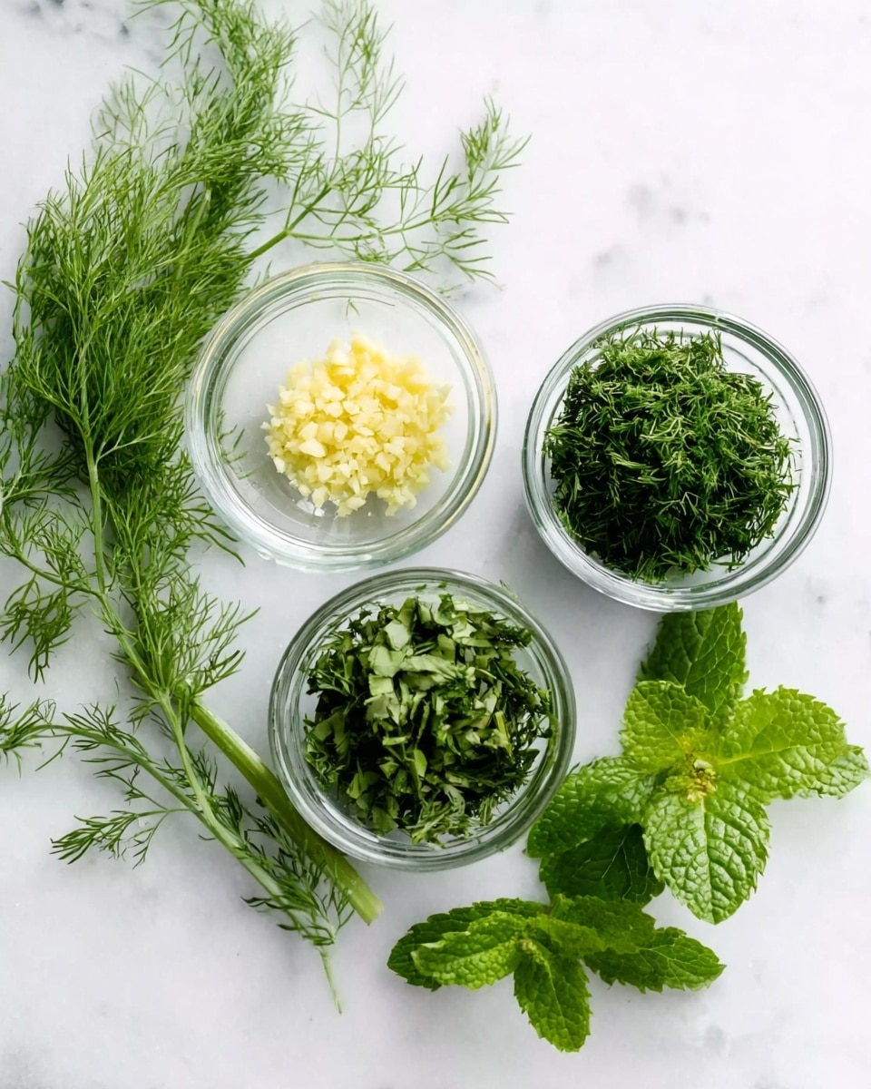 The image shows a white marbled surface with three small clear glass bowls arranged in a rough triangle. The top bowl holds a small pile of finely minced light yellow garlic. The left bowl contains a bunch of chopped bright green dill with a feathery texture. The right bowl is filled with chopped fresh mint leaves of a darker green shade and a slightly crinkled texture. Around the bowls lie fresh herb sprigs—green feathery dill on the left and larger green mint leaves with visible veins on the right, adding a natural and fresh look. photo taken with an iphone --ar 4:5 --v 7