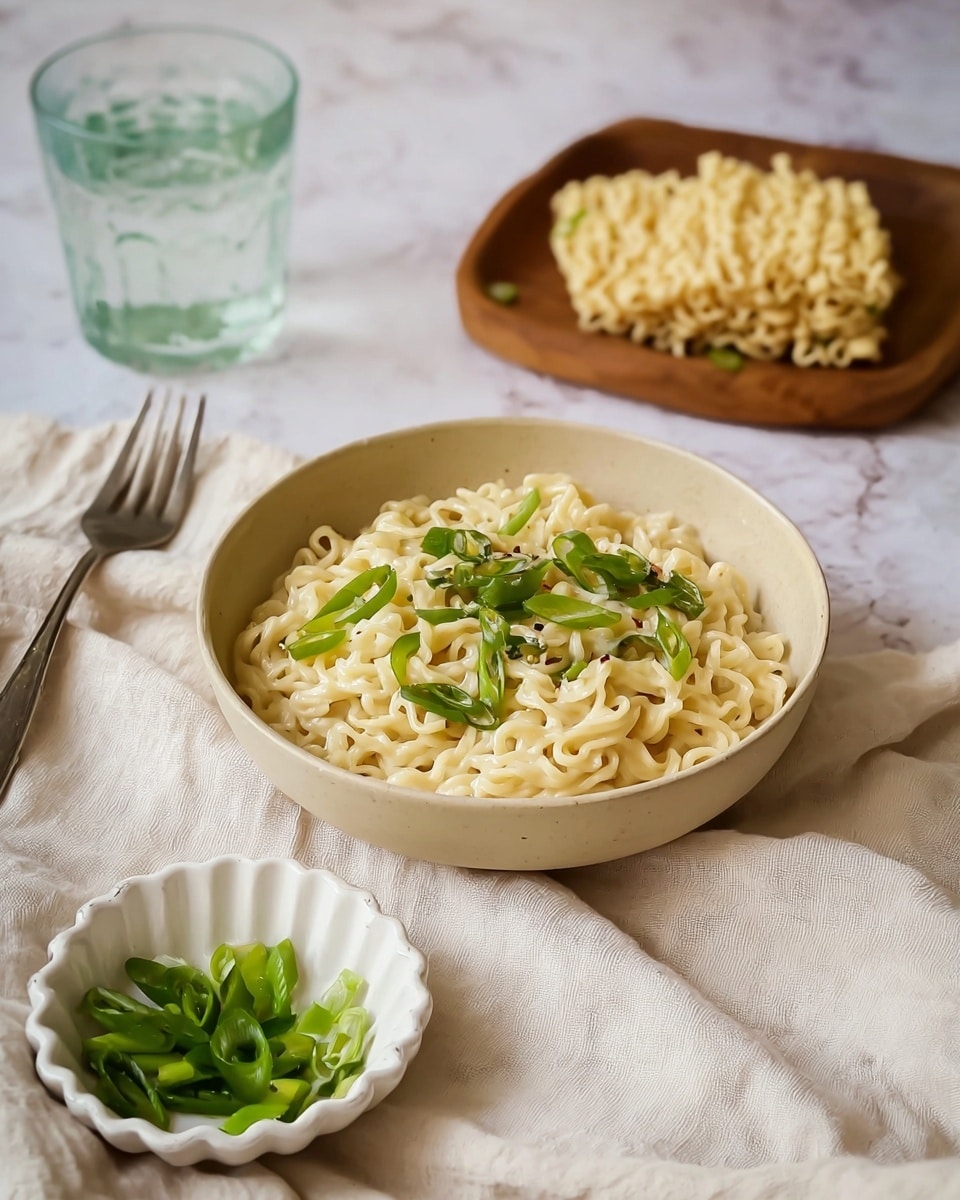 A bowl of creamy cooked noodles topped with bright green sliced scallions sits in the center of the image, with the noodles looking soft and slightly shiny. The bowl is beige with a simple, smooth texture, resting on a light beige cloth on a white marbled surface. In the foreground, a small white scalloped bowl holds extra chopped scallions, showing their fresh, vibrant green color. Towards the back, a wooden tray holds uncooked, square-shaped dry noodles. A clear glass of water is placed to the left, adding a touch of transparency and reflection. A metal fork lies on the beige cloth next to the bowl. The whole scene is softly lit, creating a fresh, calm atmosphere. Photo taken with an iphone --ar 4:5 --v 7