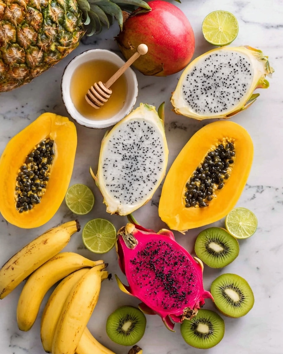 The image shows a variety of colorful fruits arranged on a white marbled surface. There are whole and halved yellow papayas with black seeds in the center, white dragon fruits with black seeds inside, and bright pink dragon fruits with black seeds inside, each showing different textures. Several whole yellow bananas and a red mango are placed nearby. A whole pineapple with its rough, spiky skin is at the top left corner, and sliced green kiwis with their radiating seed patterns are scattered among the other fruits. A small white bowl of honey with a wooden honey dipper, as well as some lime wedges, complete the fresh and vibrant display. Photo taken with an iphone --ar 4:5 --v 7